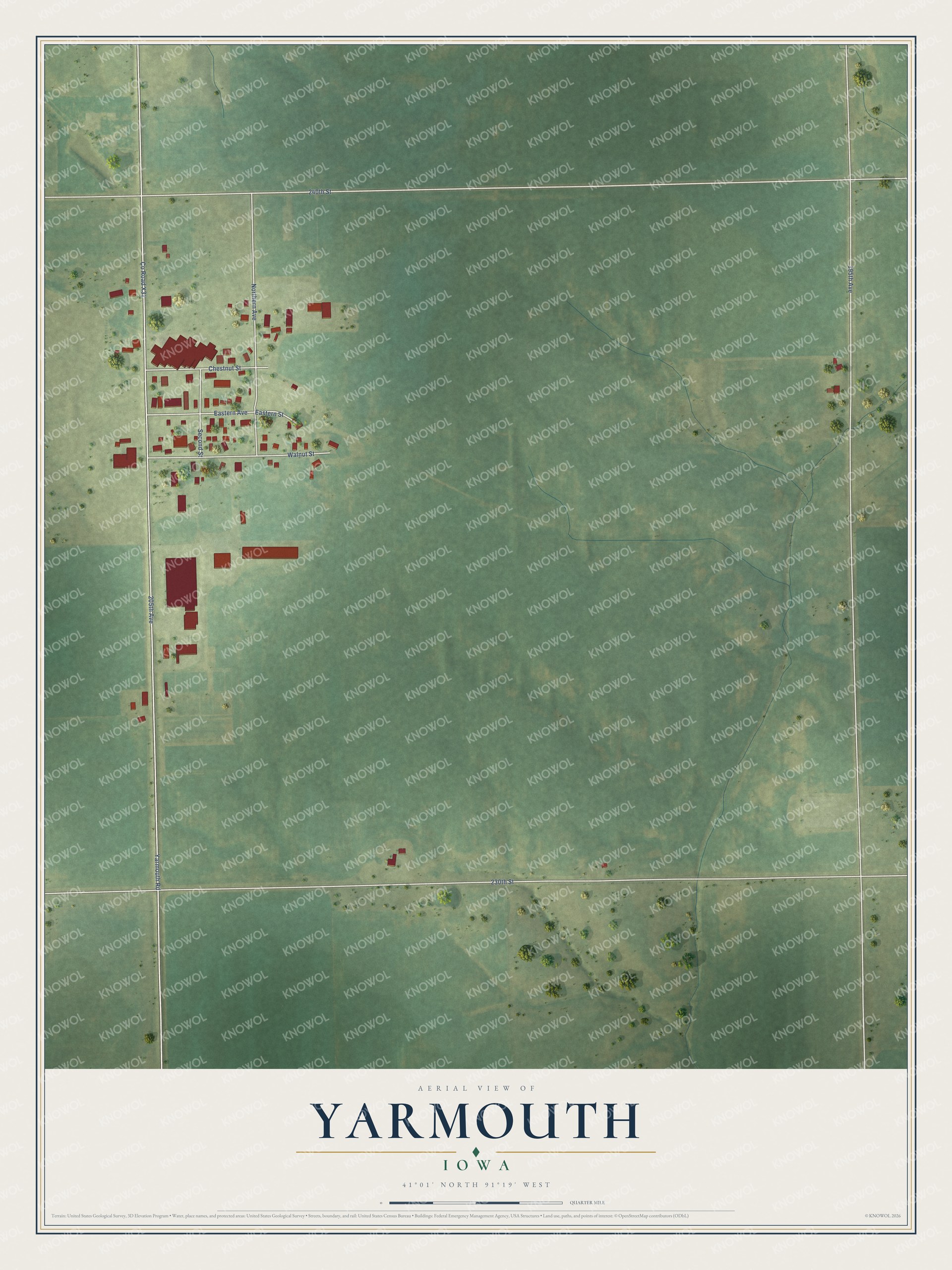 Full map of Yarmouth, Iowa, with red buildings, printed street names and the land around them