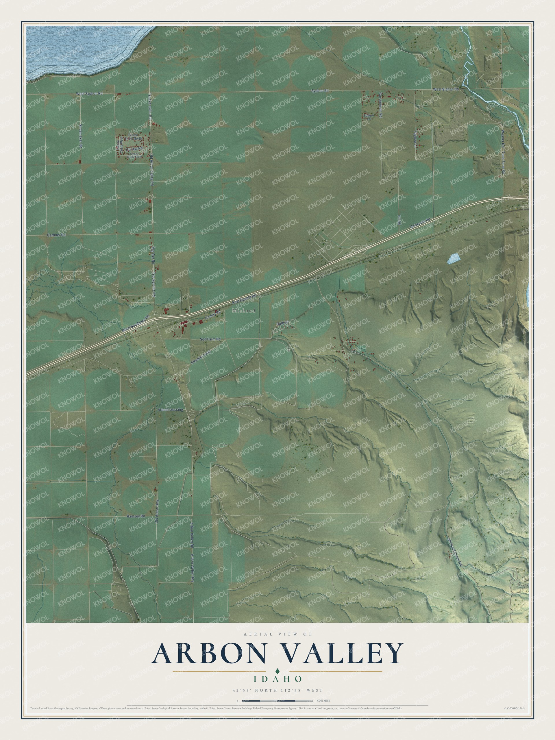 Full map of Arbon Valley, Idaho, with red buildings, printed street names and the land around them