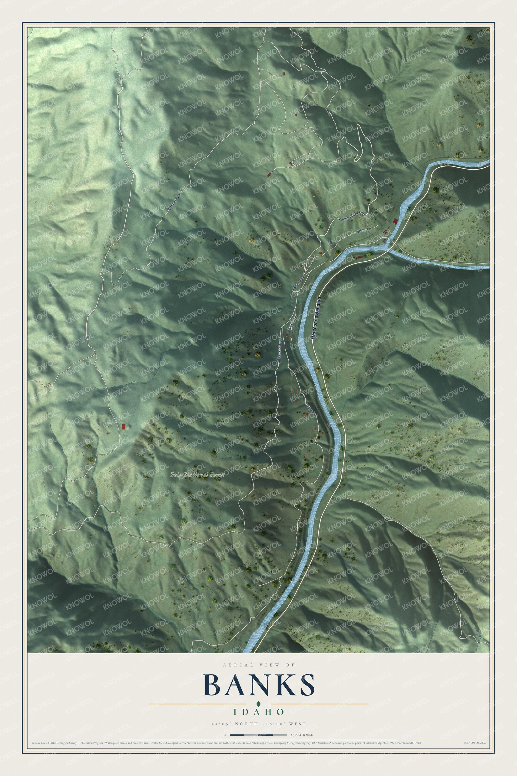 Full map of Banks, Idaho, with red buildings, printed street names and the land around them