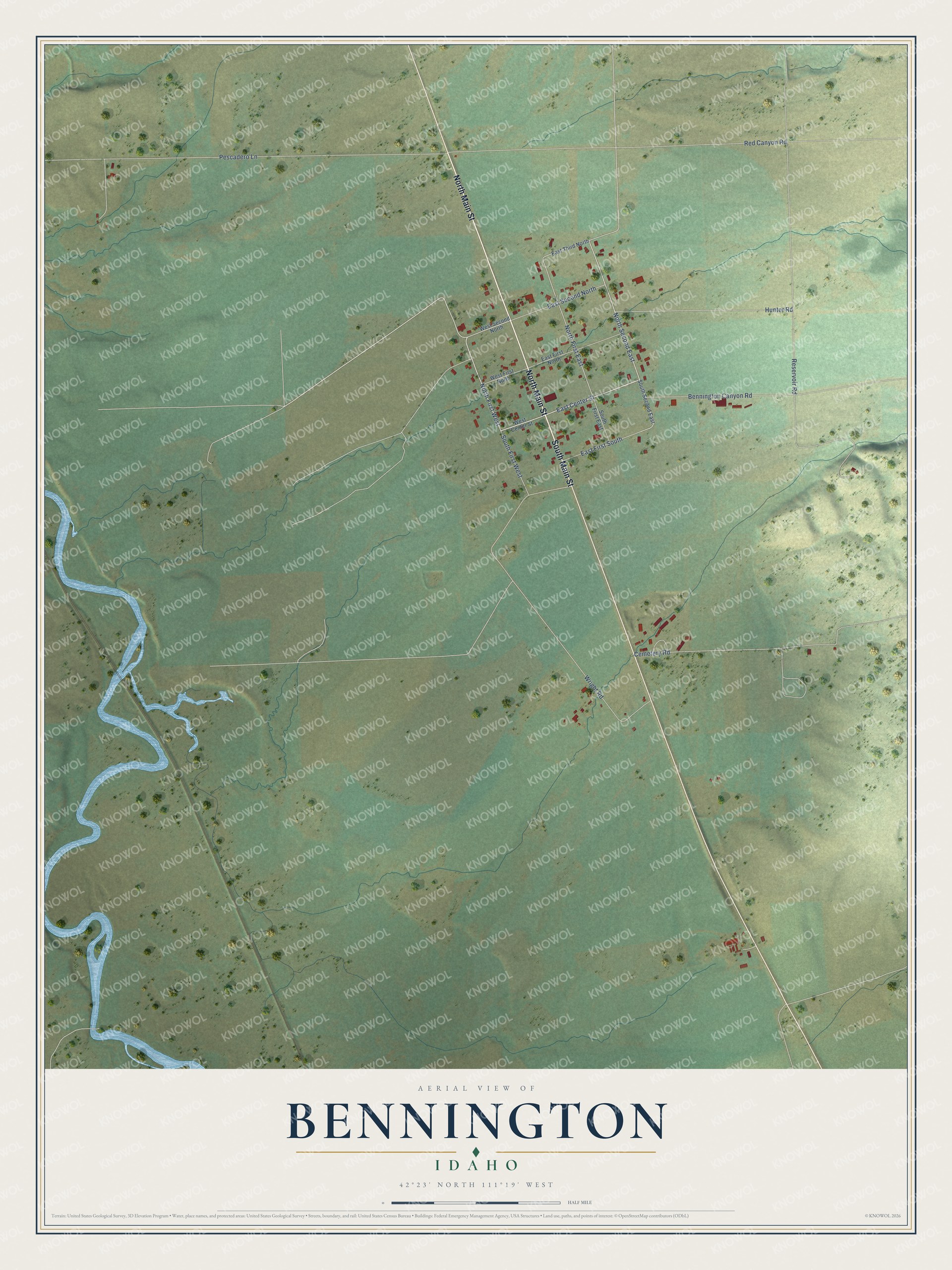 Full map of Bennington, Idaho, with red buildings, printed street names and the land around them