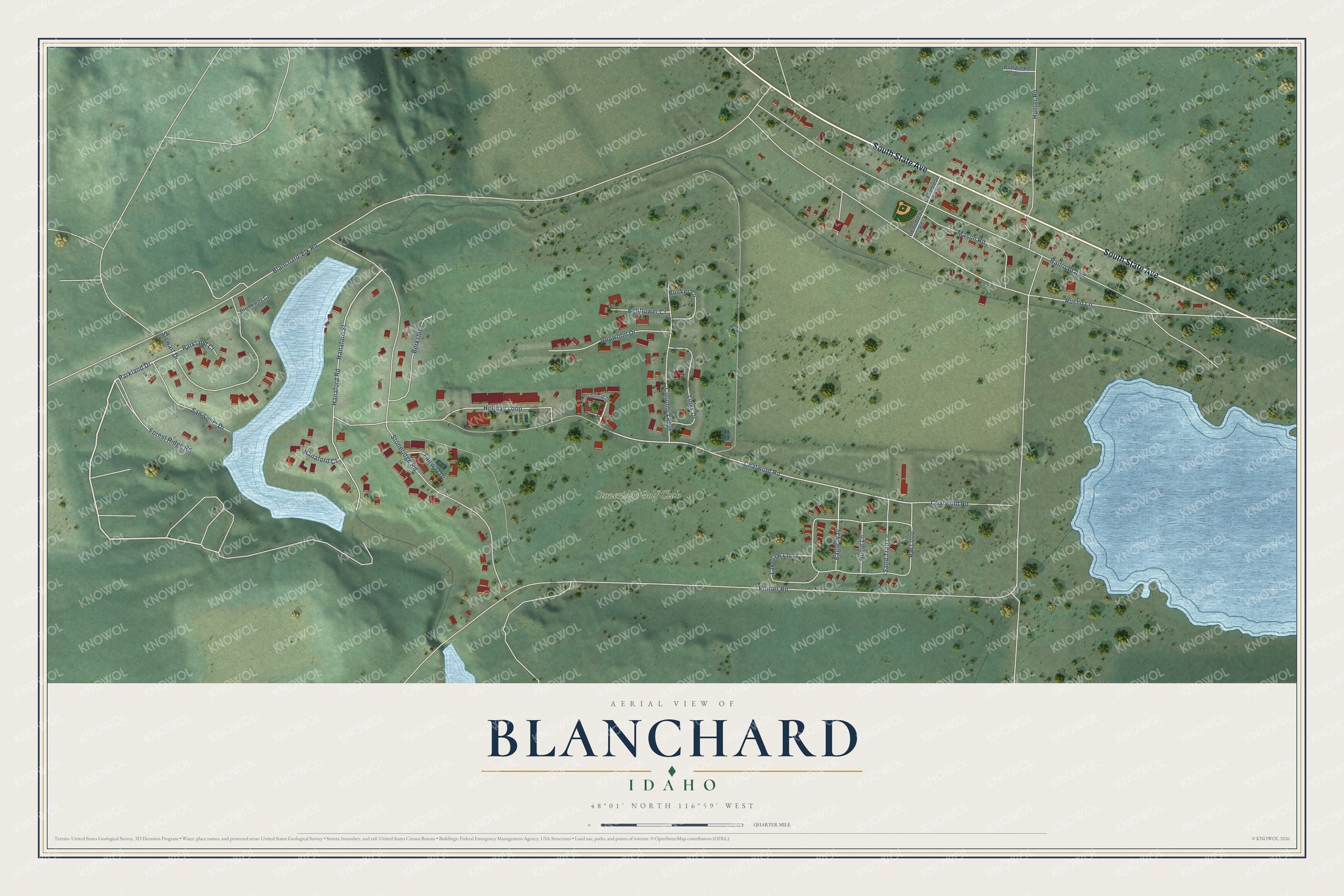 Full map of Blanchard, Idaho, with red buildings, printed street names and the land around them