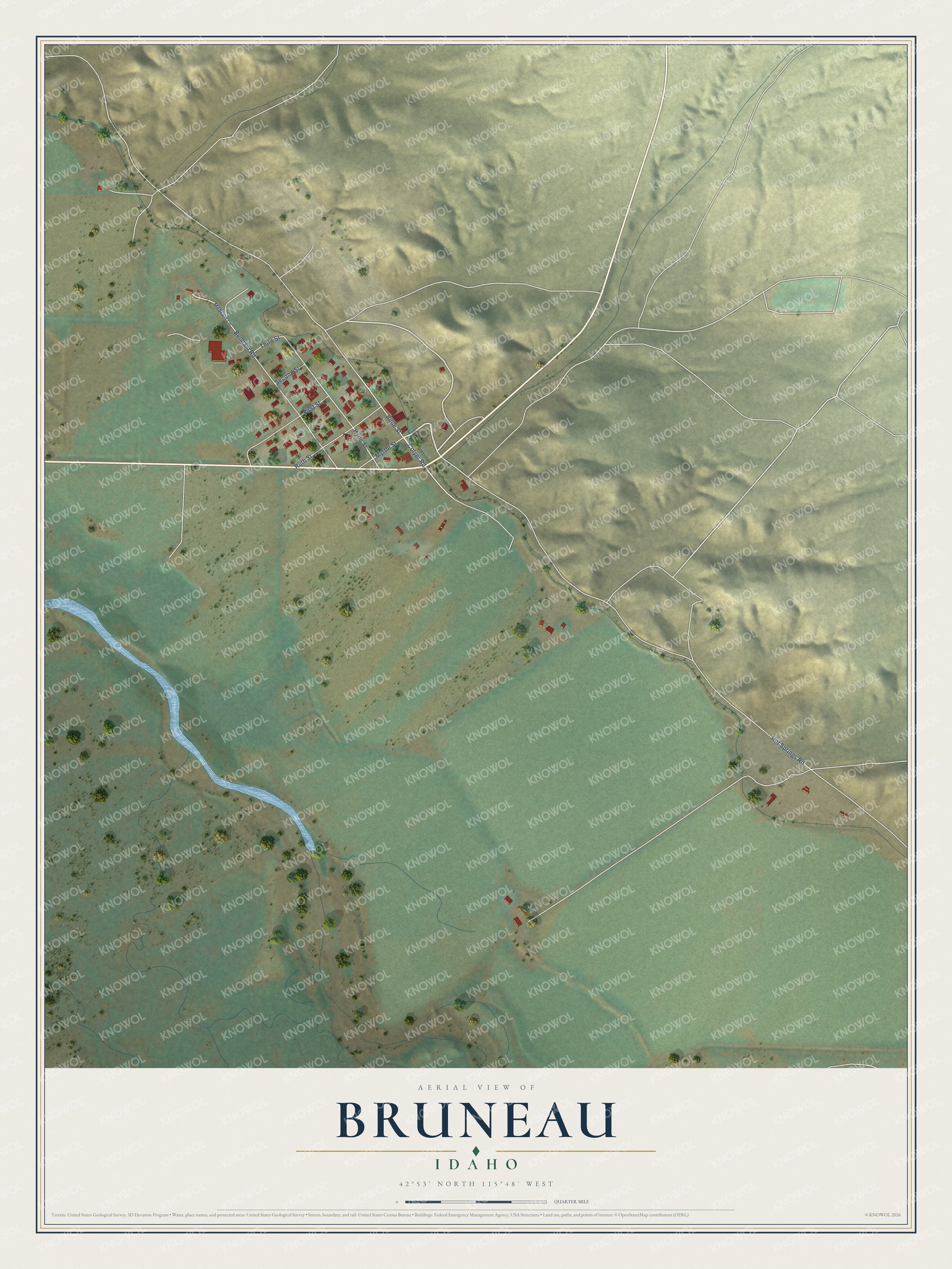 Full map of Bruneau, Idaho, with red buildings, printed street names and the land around them