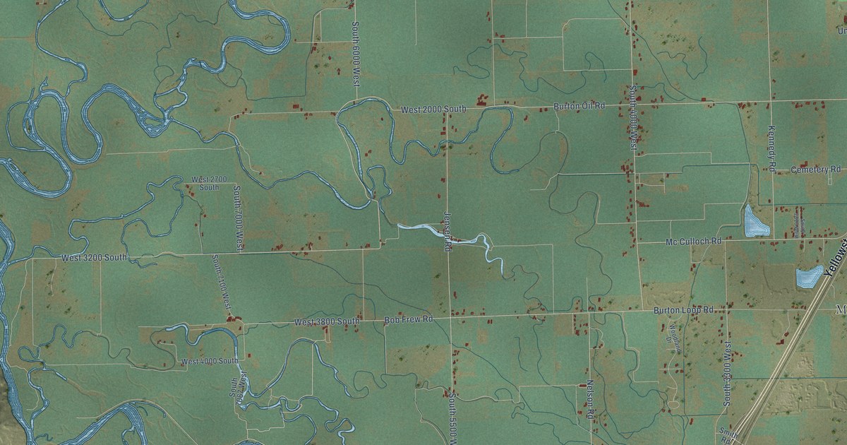 Close-up of streets and buildings in Burton, Idaho
