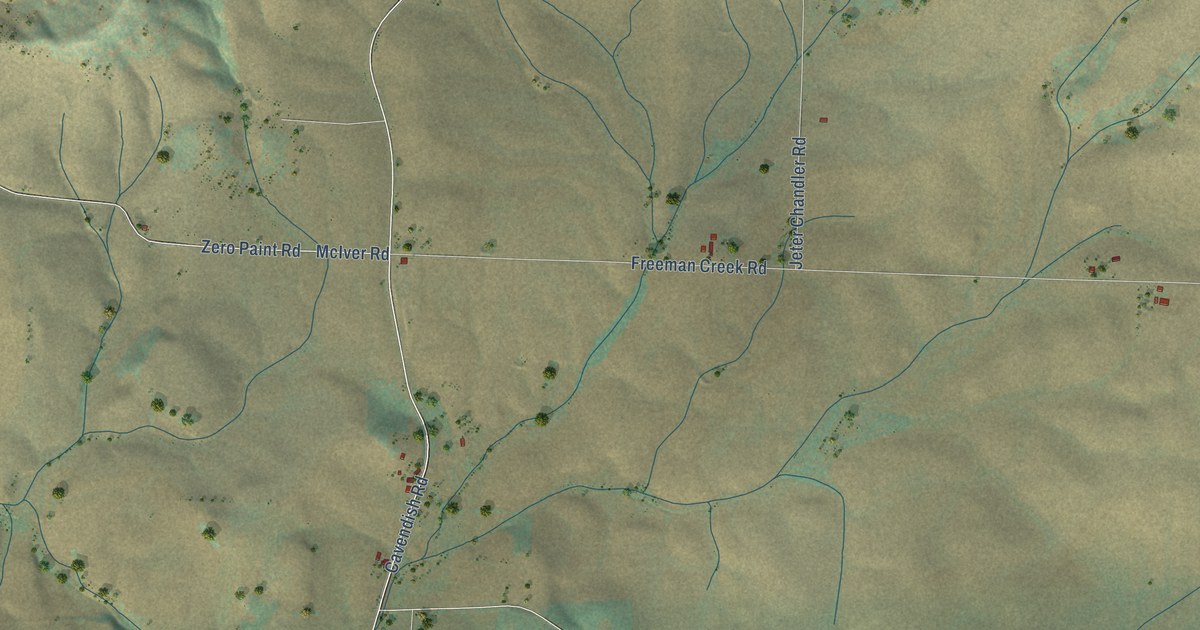 Close-up of streets and buildings in Cavendish, Idaho
