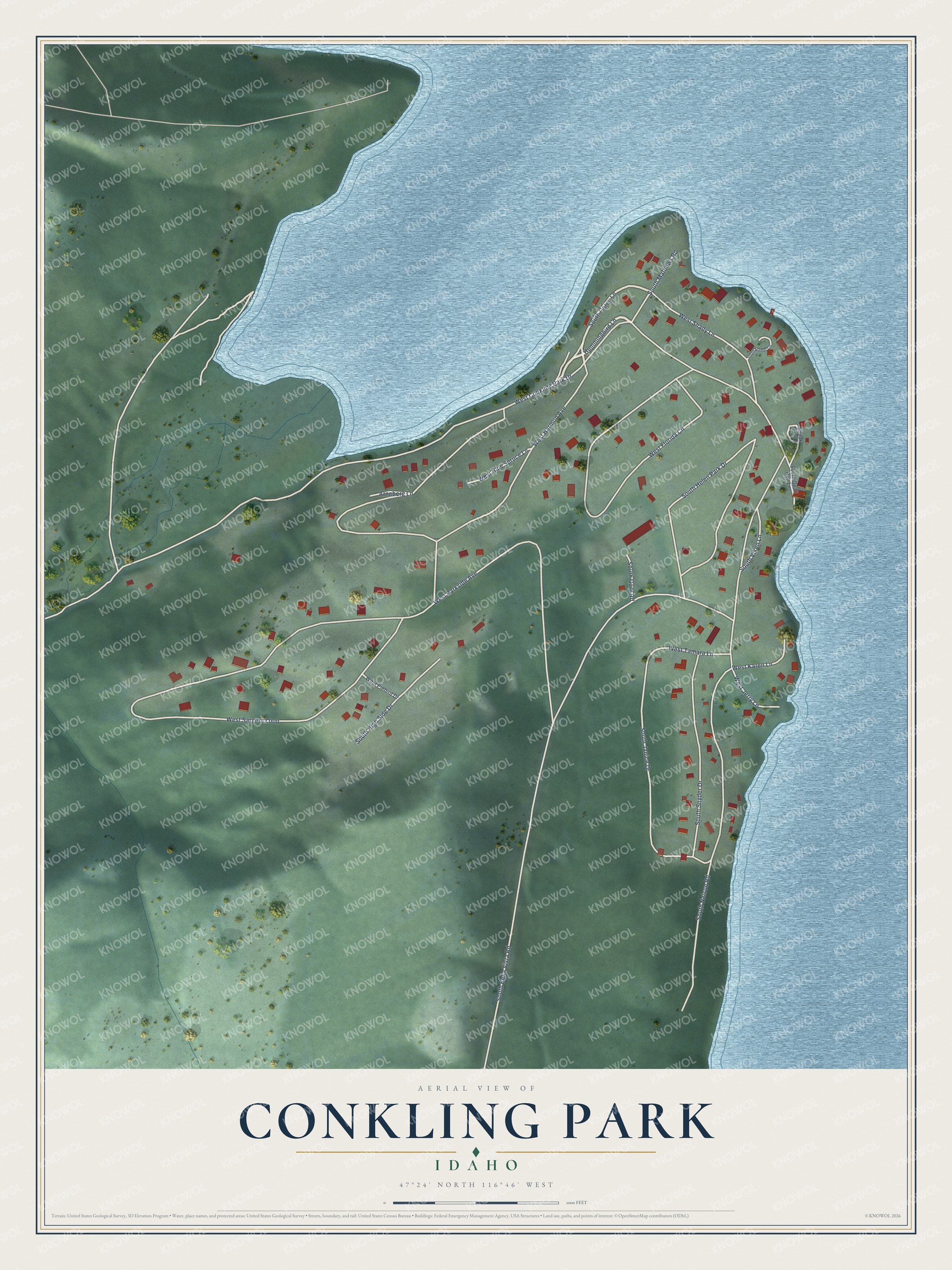 Full map of Conkling Park, Idaho, with red buildings, printed street names and the land around them