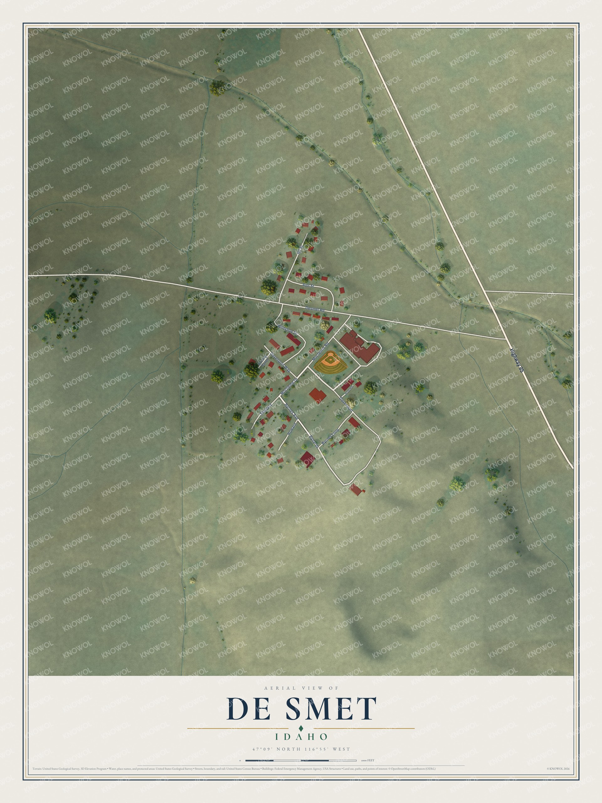 Full map of De Smet, Idaho, with red buildings, printed street names and the land around them