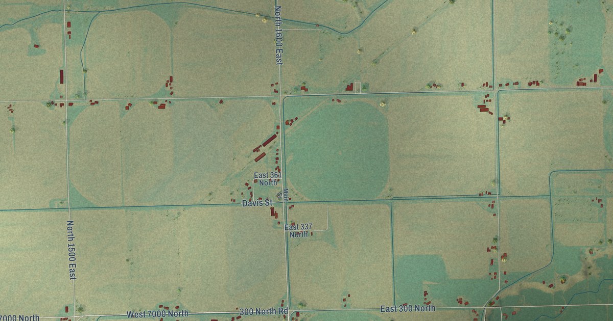 Close-up of streets and buildings in Egin, Idaho