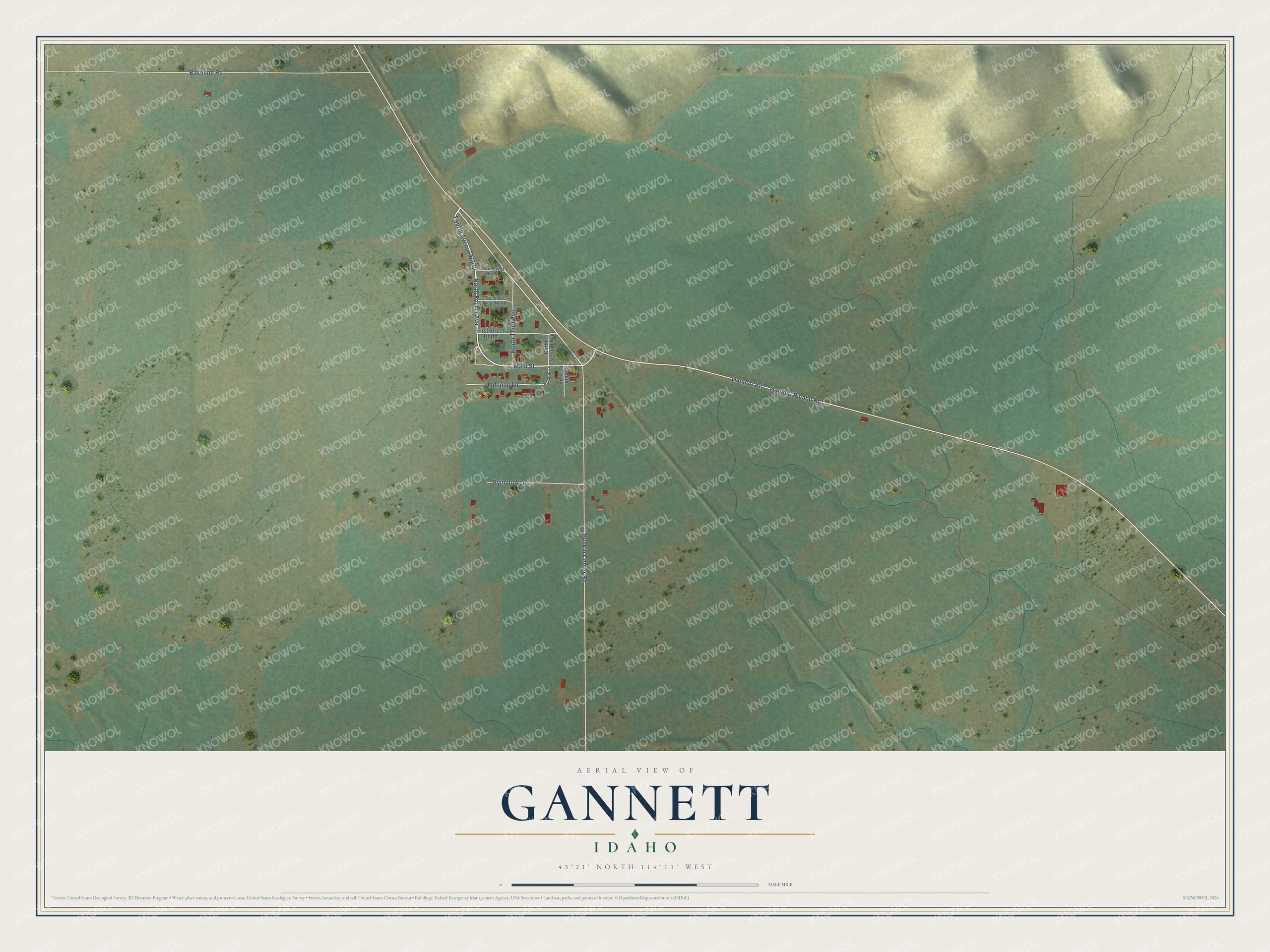 Full map of Gannett, Idaho, with red buildings, printed street names and the land around them