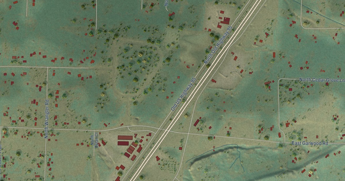 Close-up of streets and buildings in Garwood, Idaho