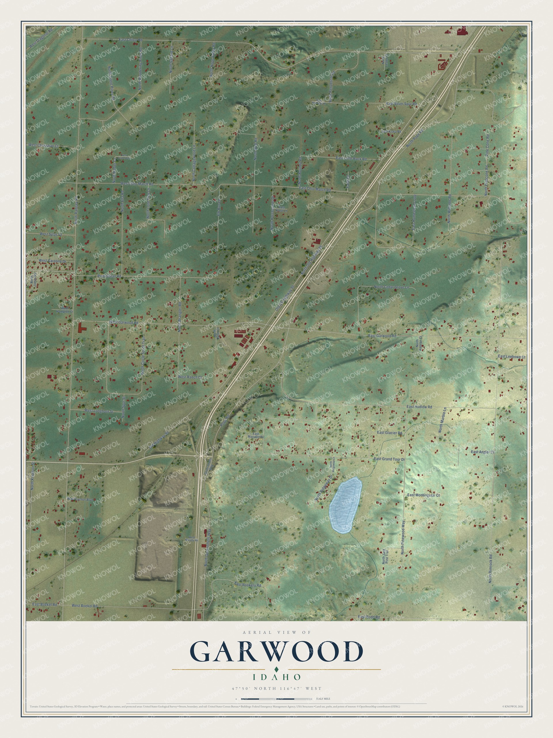 Full map of Garwood, Idaho, with red buildings, printed street names and the land around them