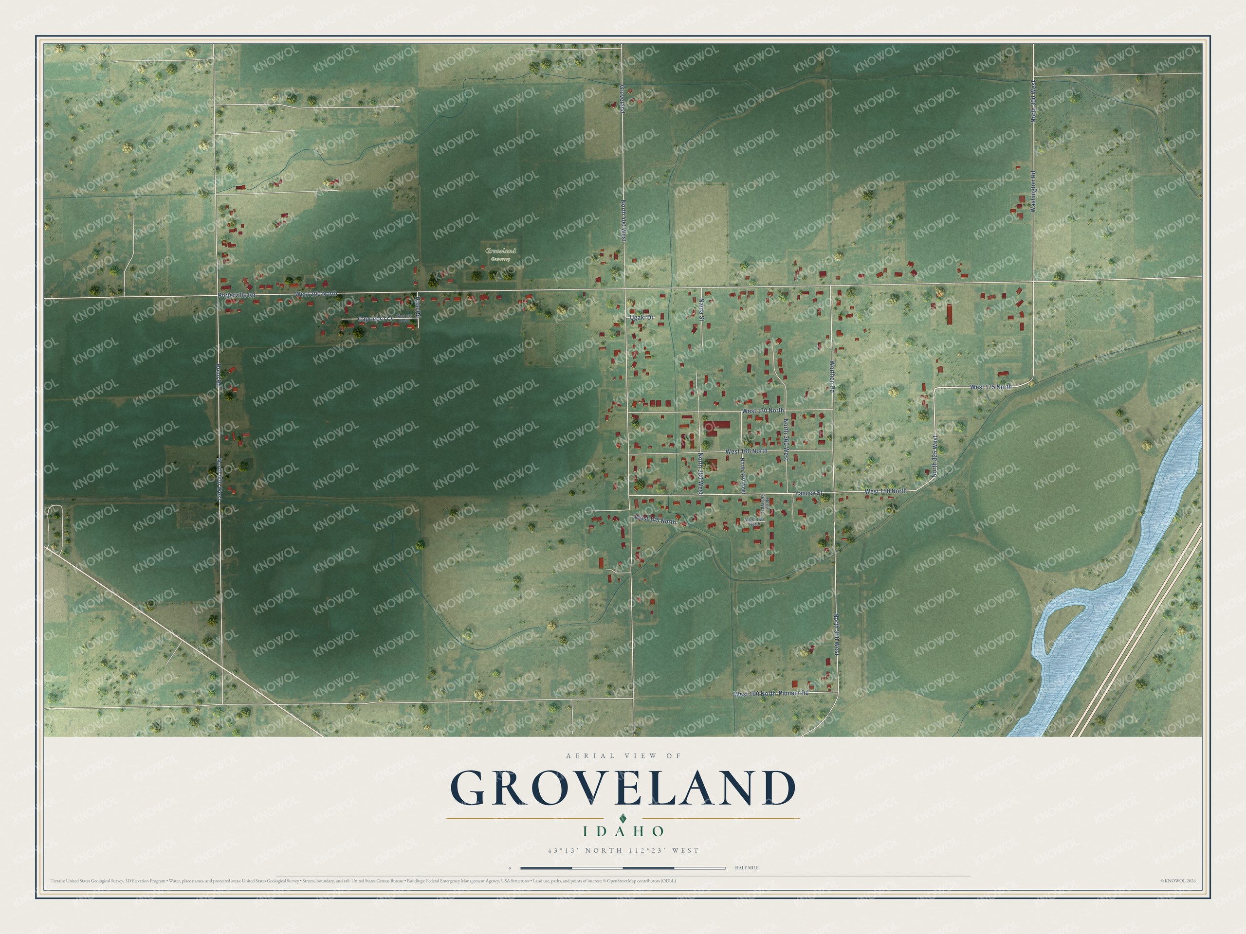 Full map of Groveland, Idaho, with red buildings, printed street names and the land around them