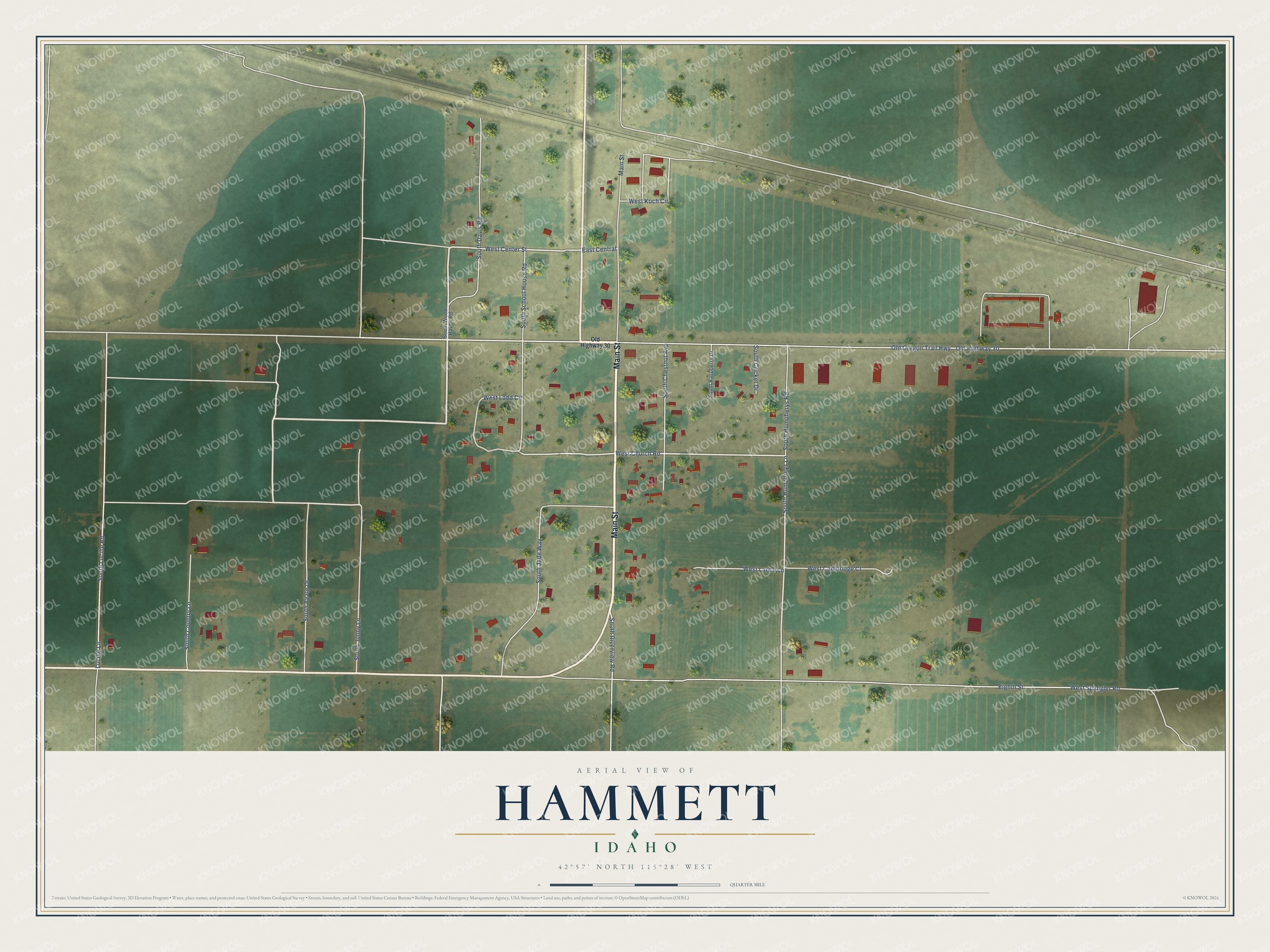 Full map of Hammett, Idaho, with red buildings, printed street names and the land around them