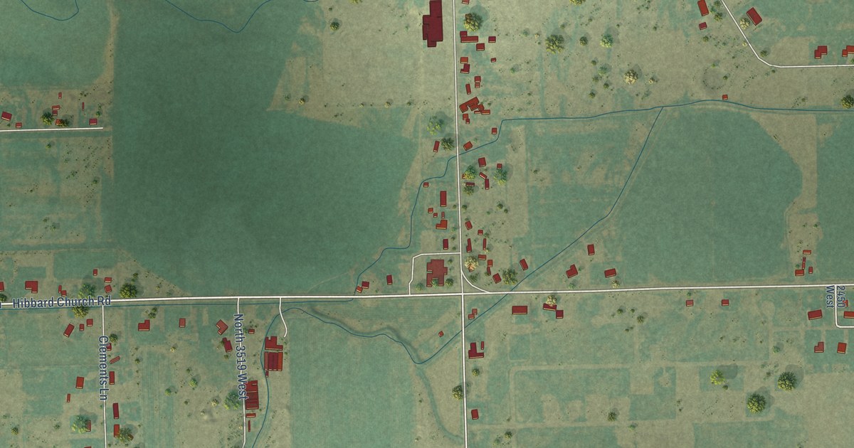 Close-up of streets and buildings in Hibbard, Idaho