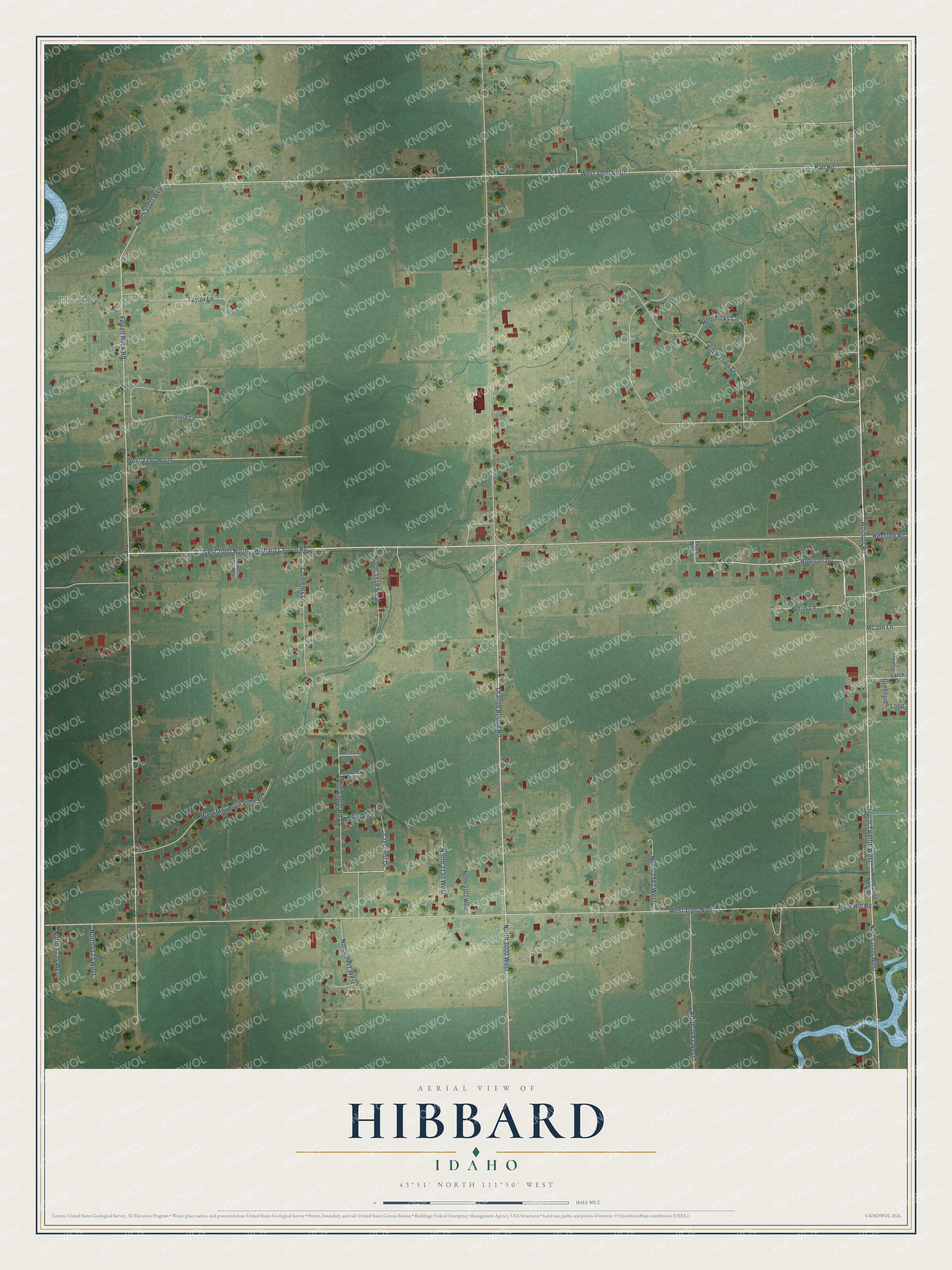 Full map of Hibbard, Idaho, with red buildings, printed street names and the land around them