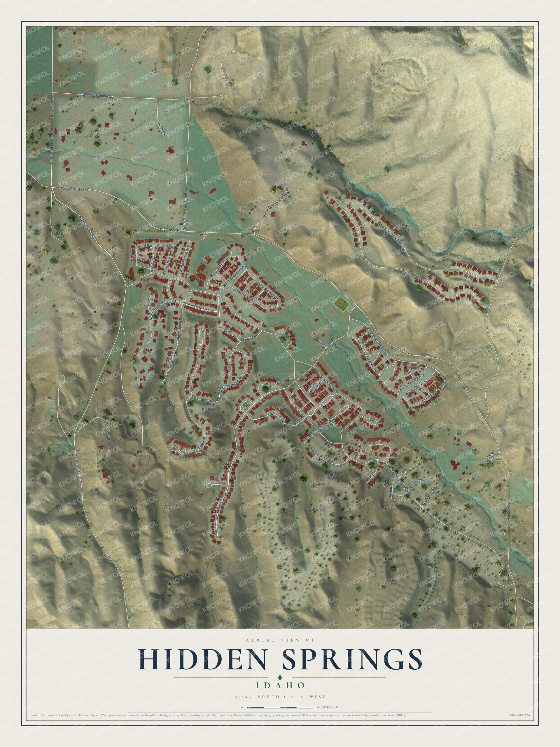Full map of Hidden Springs, Idaho, with red buildings, printed street names and the land around them