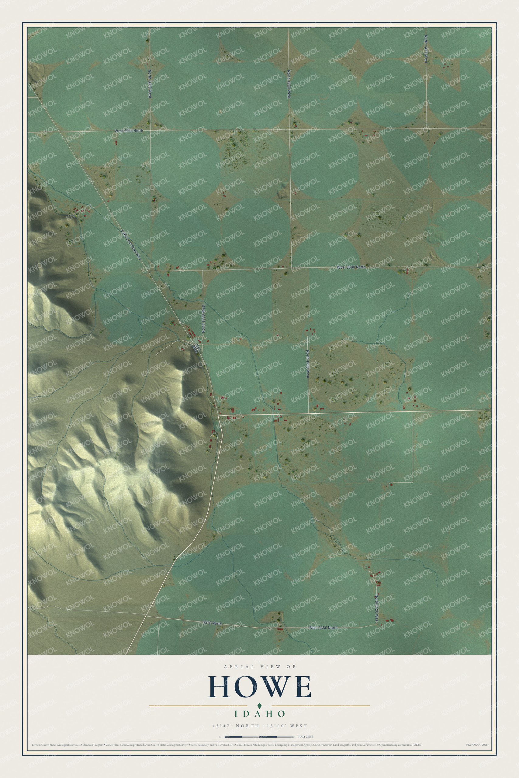 Full map of Howe, Idaho, with red buildings, printed street names and the land around them