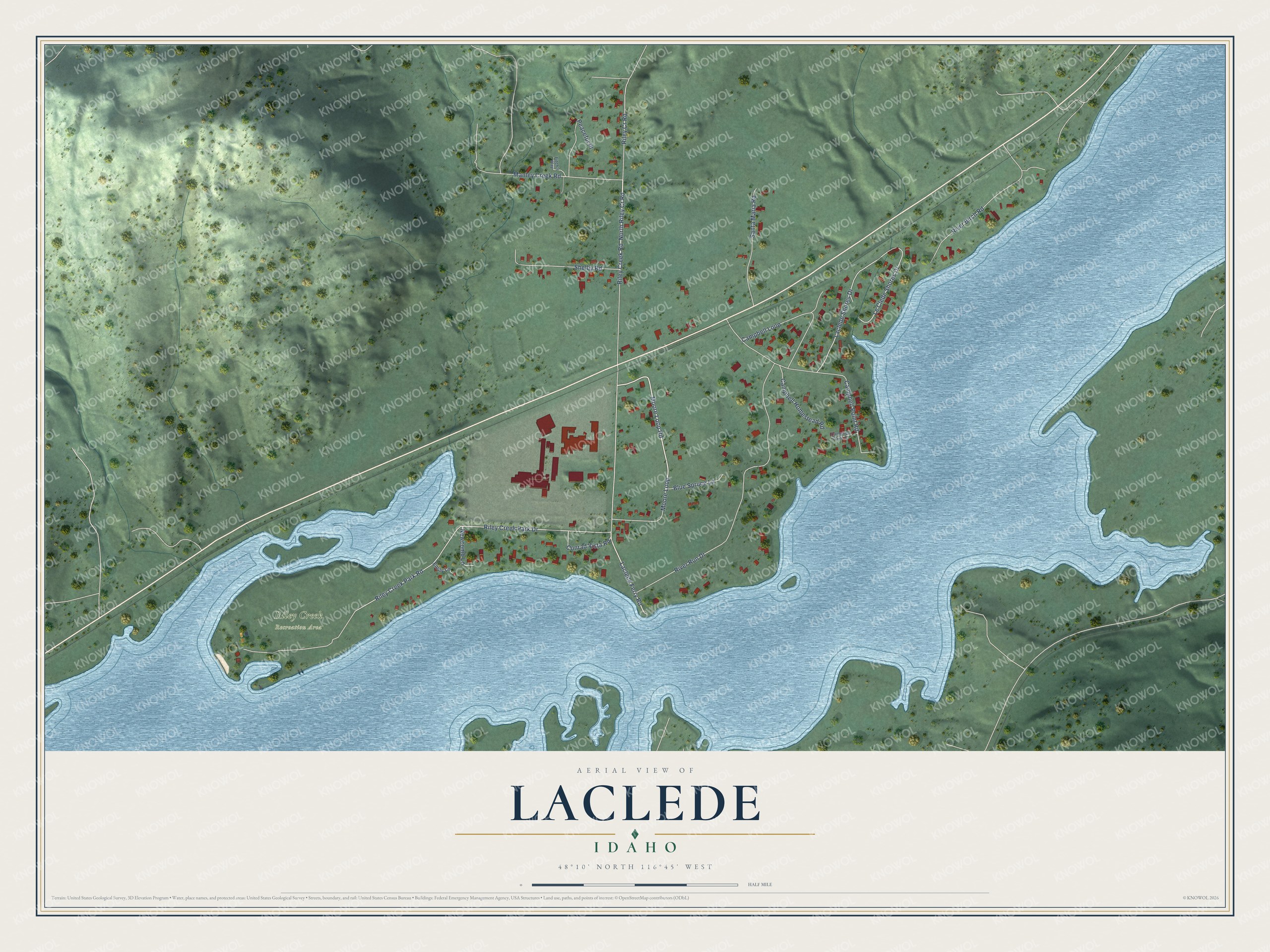 Full map of Laclede, Idaho, with red buildings, printed street names and the land around them