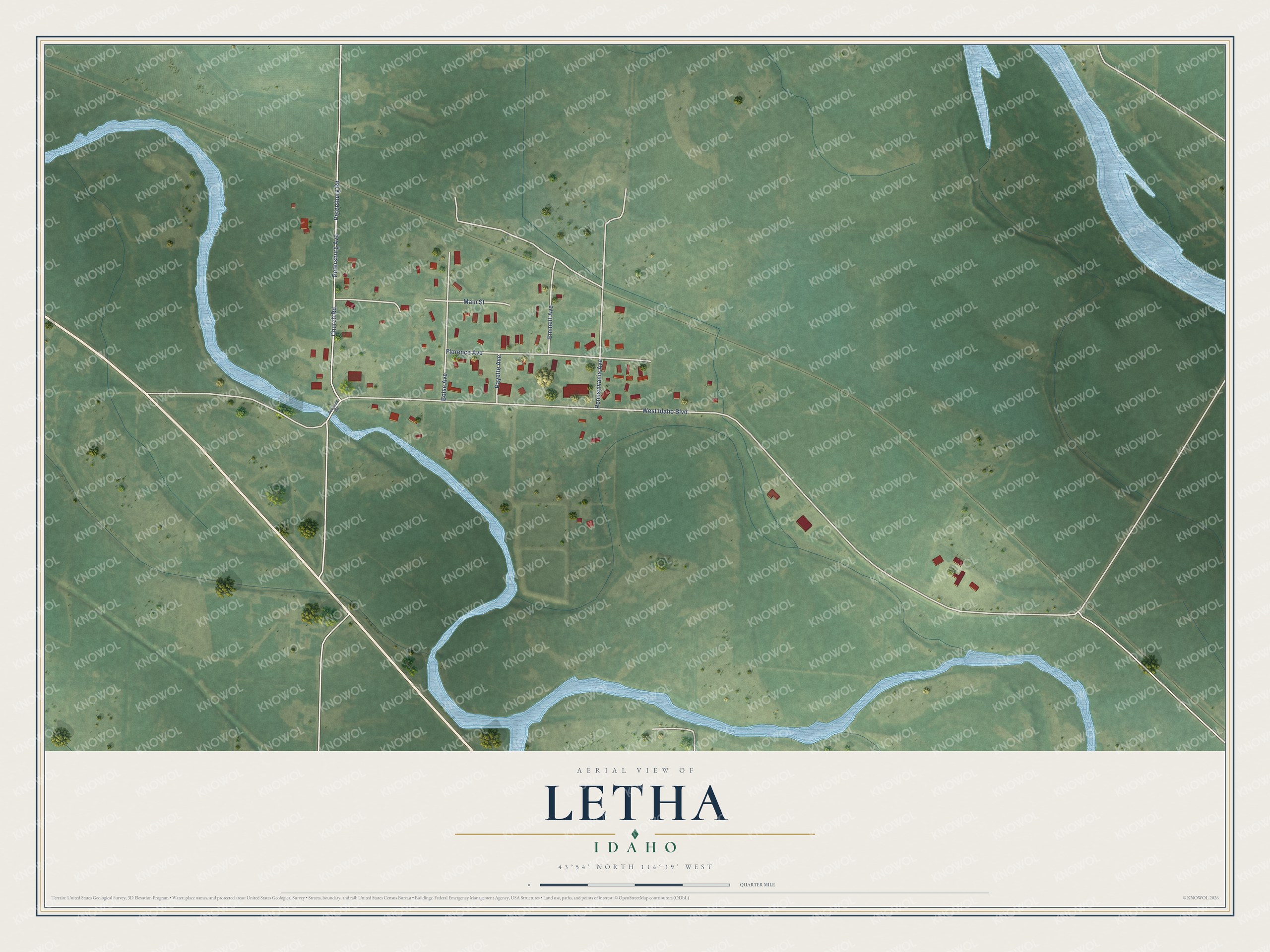 Full map of Letha, Idaho, with red buildings, printed street names and the land around them