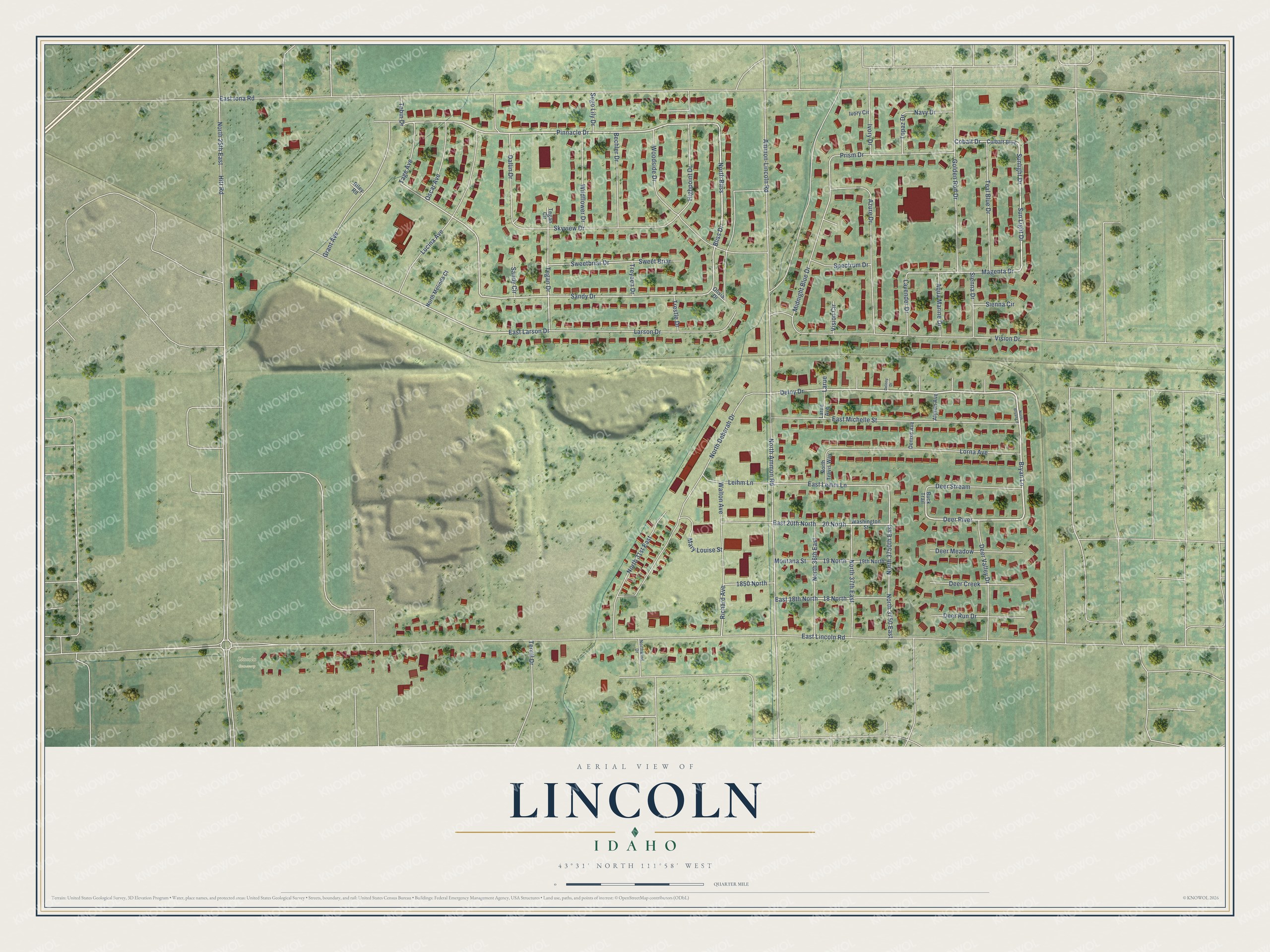 Full map of Lincoln, Idaho, with red buildings, printed street names and the land around them