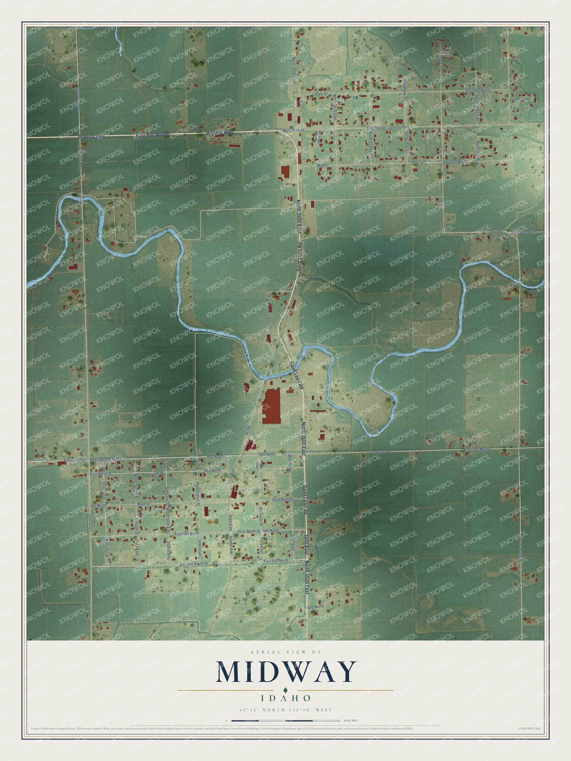 Full map of Midway, Idaho, with red buildings, printed street names and the land around them