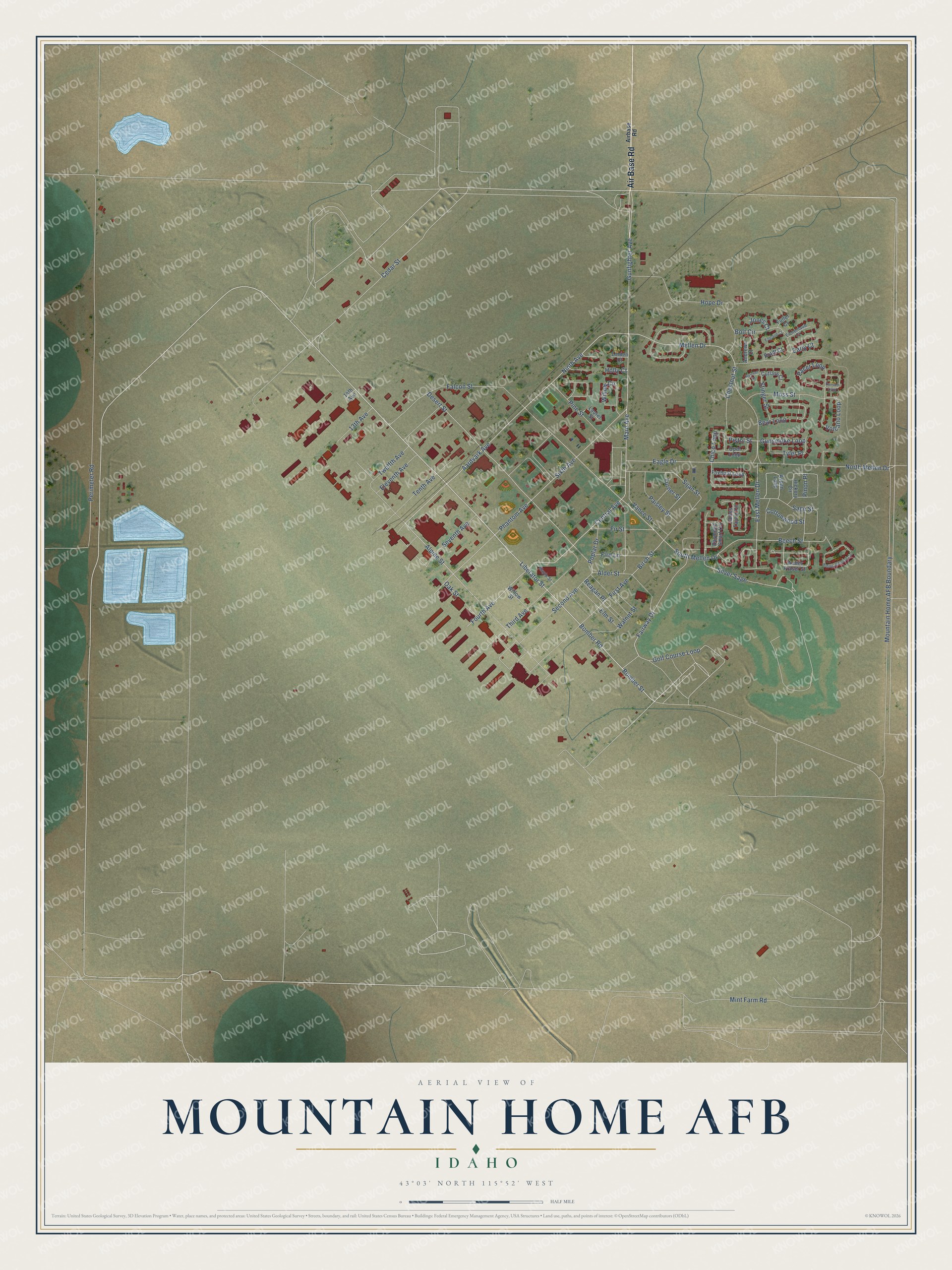 Full map of Mountain Home AFB, Idaho, with red buildings, printed street names and the land around them