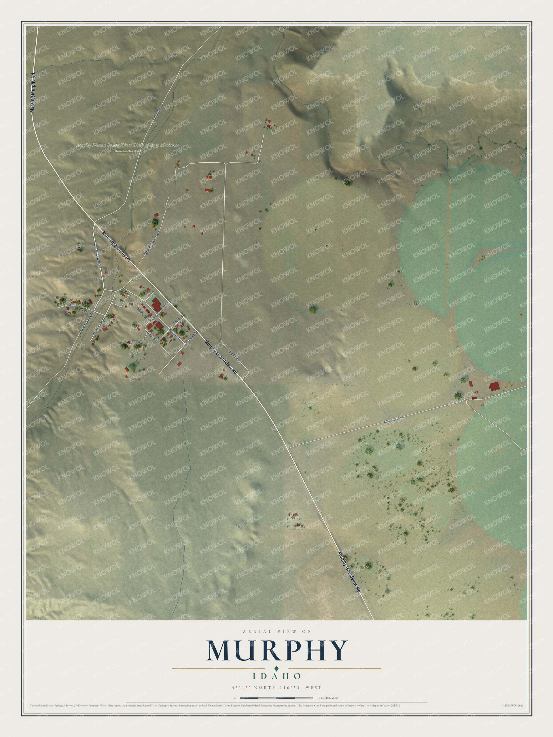 Full map of Murphy, Idaho, with red buildings, printed street names and the land around them