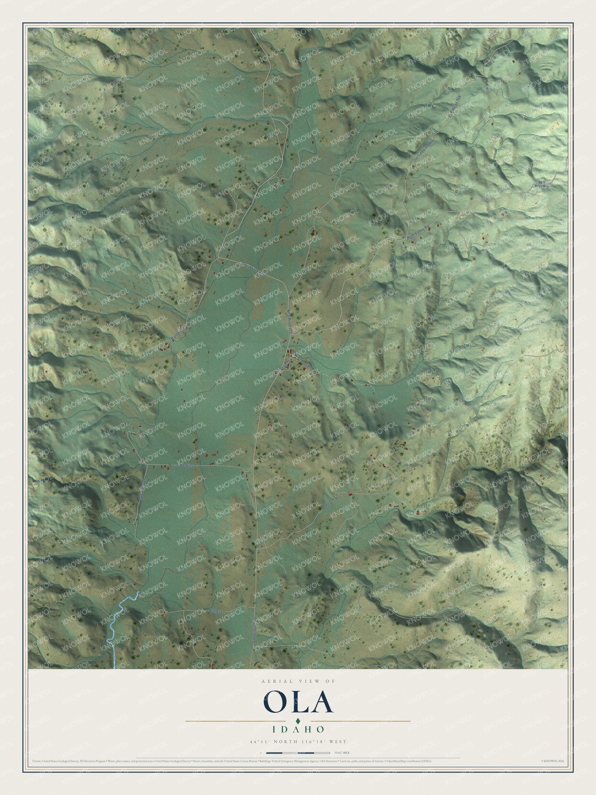 Full map of Ola, Idaho, with red buildings, printed street names and the land around them