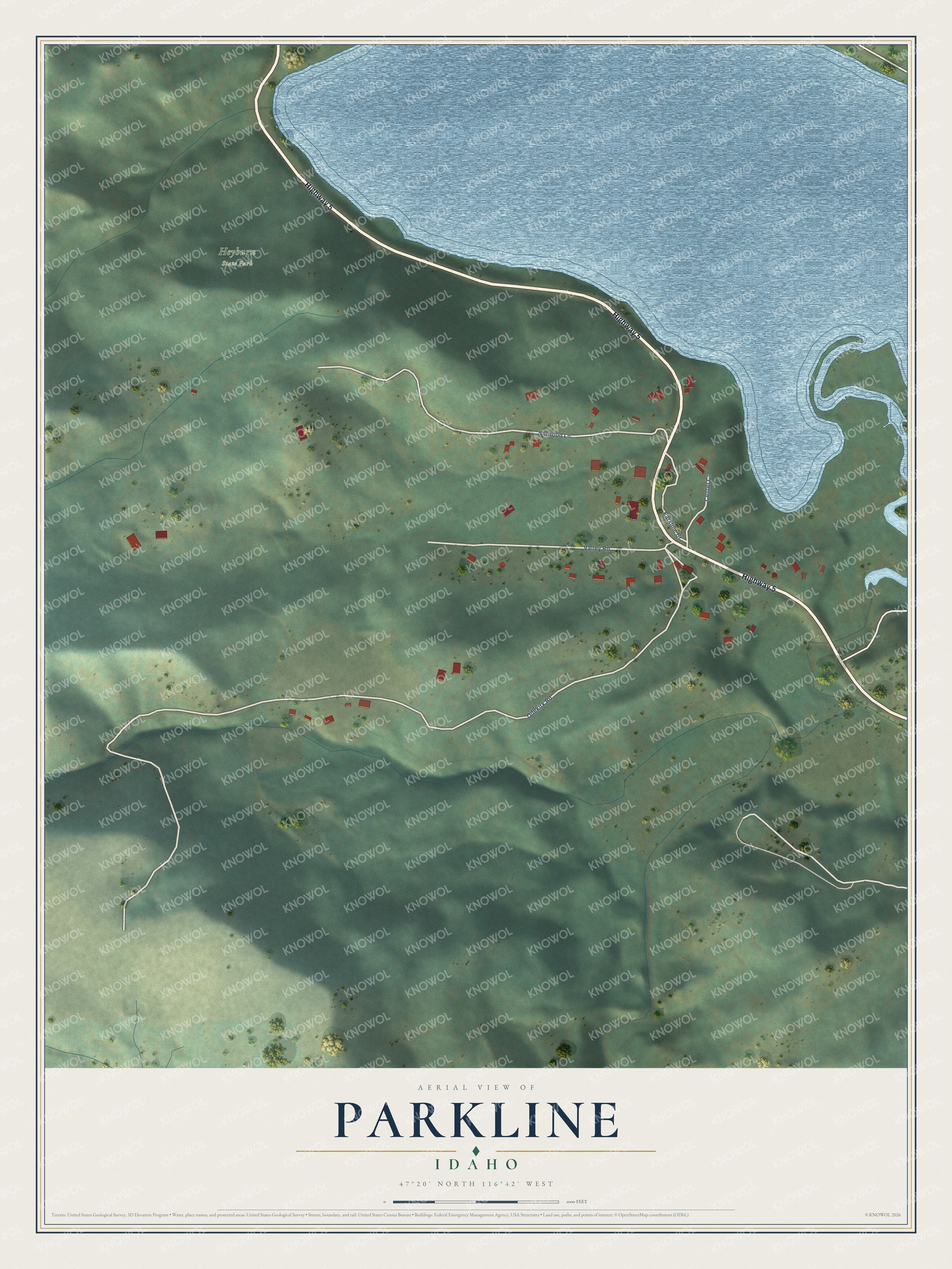 Full map of Parkline, Idaho, with red buildings, printed street names and the land around them