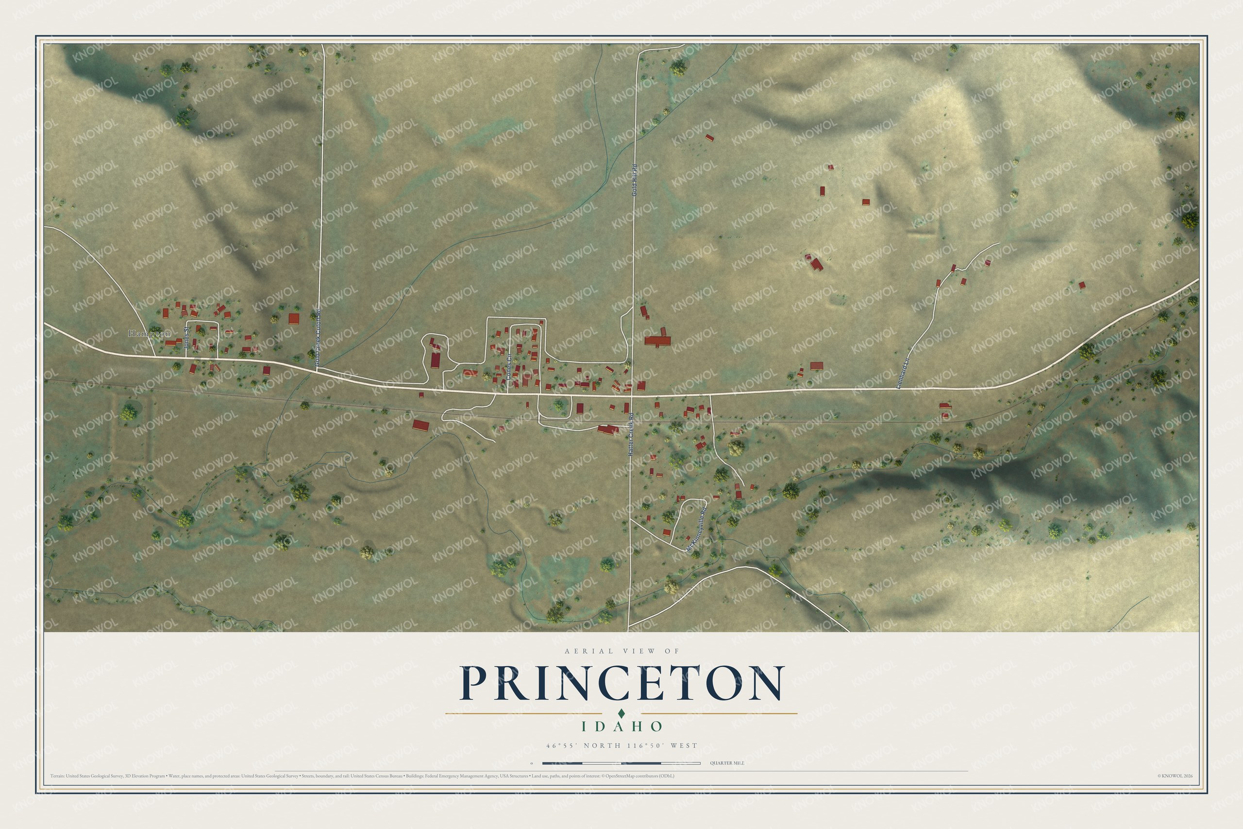 Full map of Princeton, Idaho, with red buildings, printed street names and the land around them