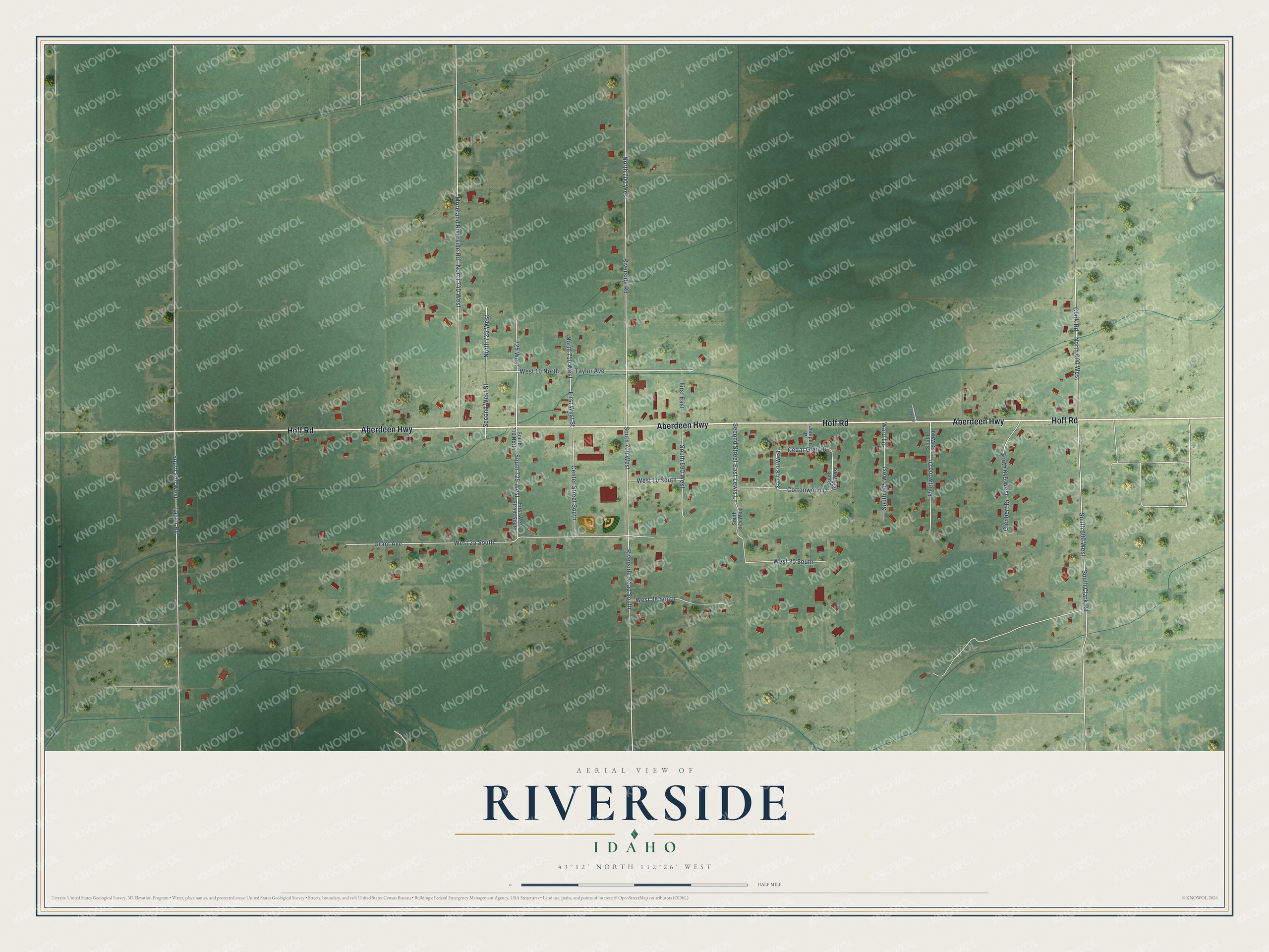 Full map of Riverside, Idaho, with red buildings, printed street names and the land around them