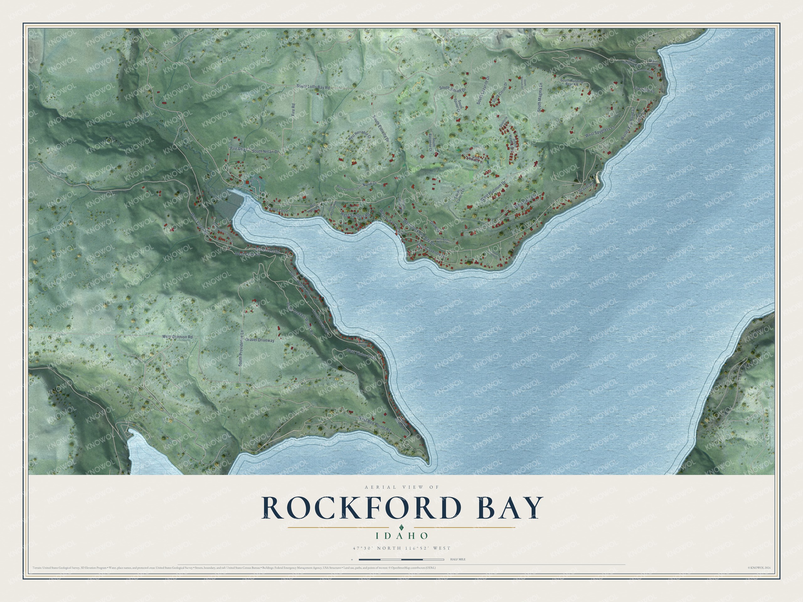 Full map of Rockford Bay, Idaho, with red buildings, printed street names and the land around them