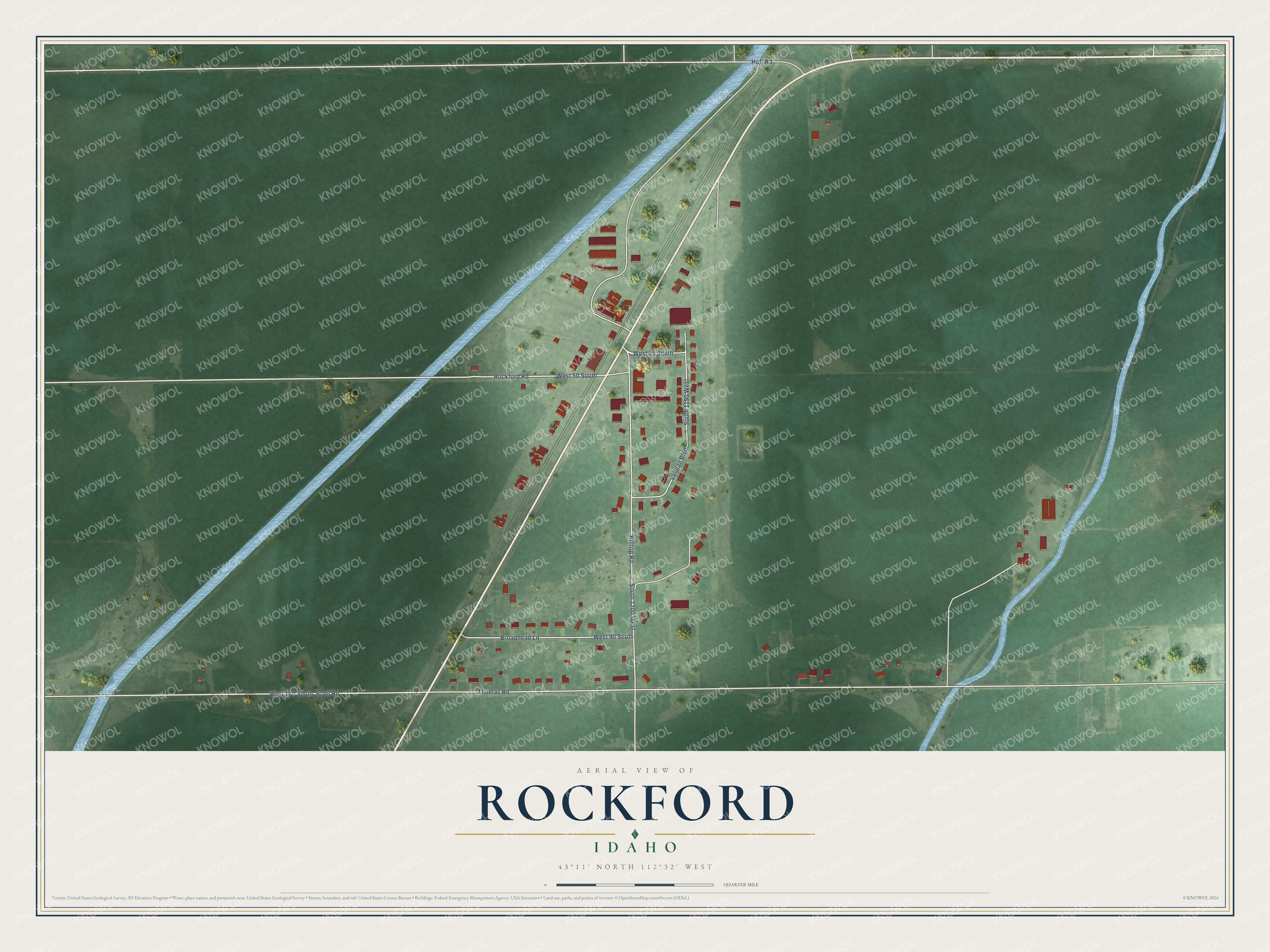 Full map of Rockford, Idaho, with red buildings, printed street names and the land around them
