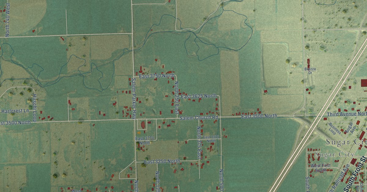 Close-up of streets and buildings in Salem, Idaho