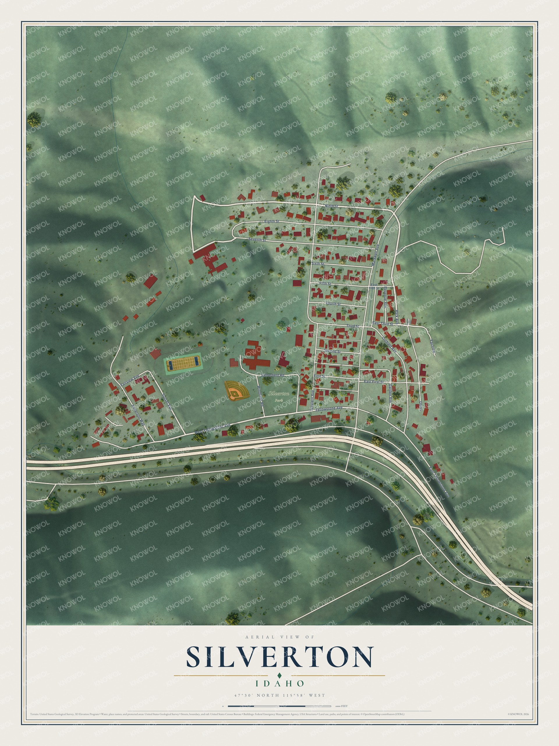 Full map of Silverton, Idaho, with red buildings, printed street names and the land around them