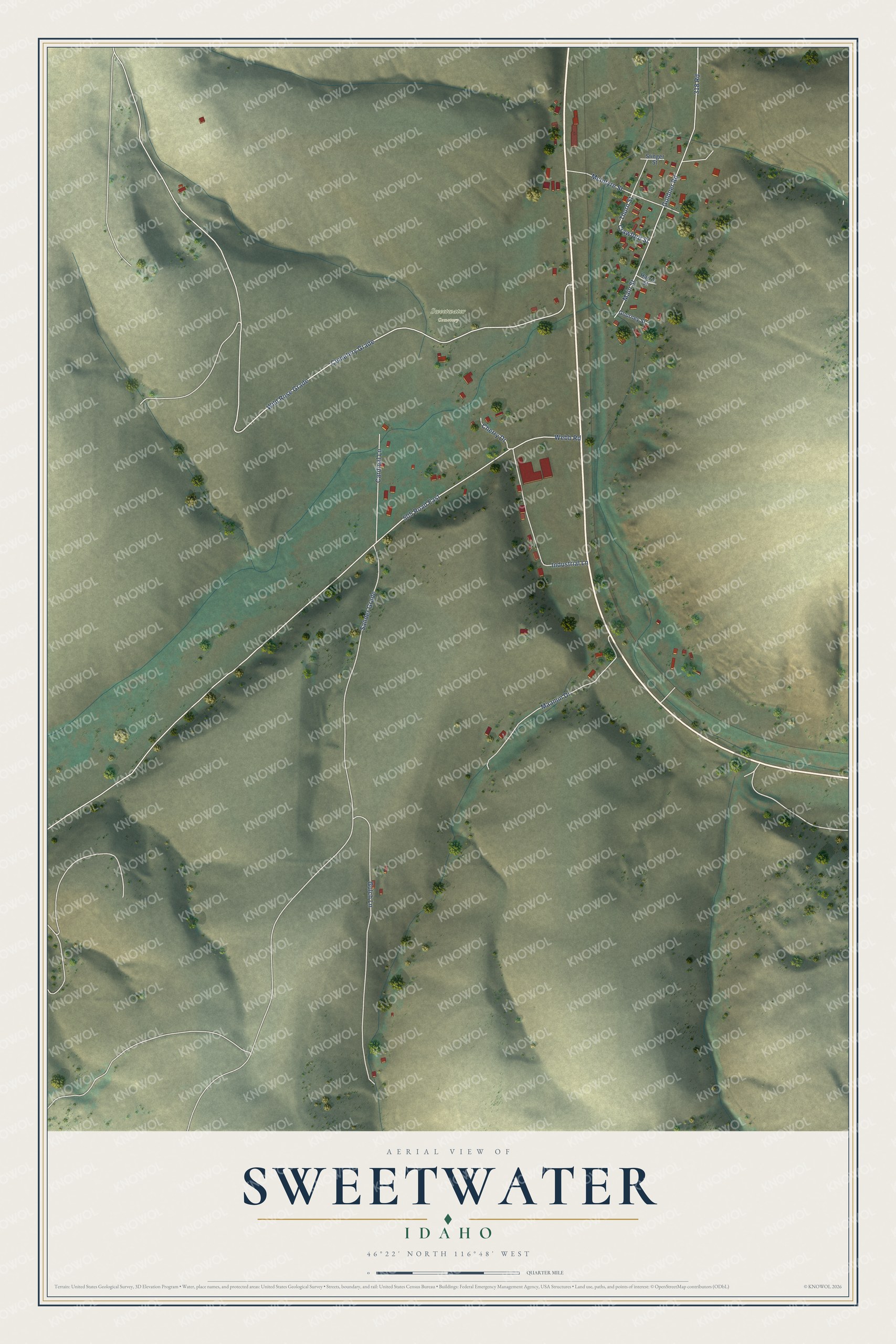 Full map of Sweetwater, Idaho, with red buildings, printed street names and the land around them