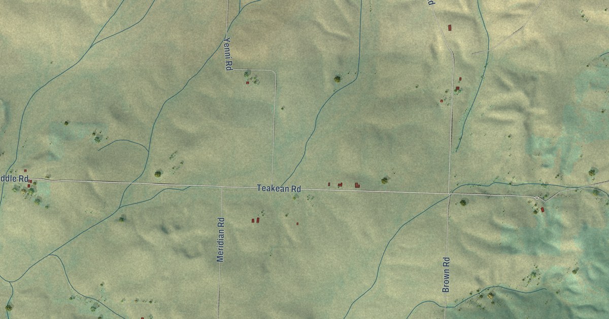 Close-up of streets and buildings in Teakean, Idaho