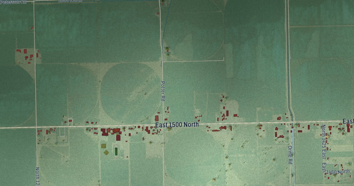 Close-up of streets and buildings in Terreton, Idaho