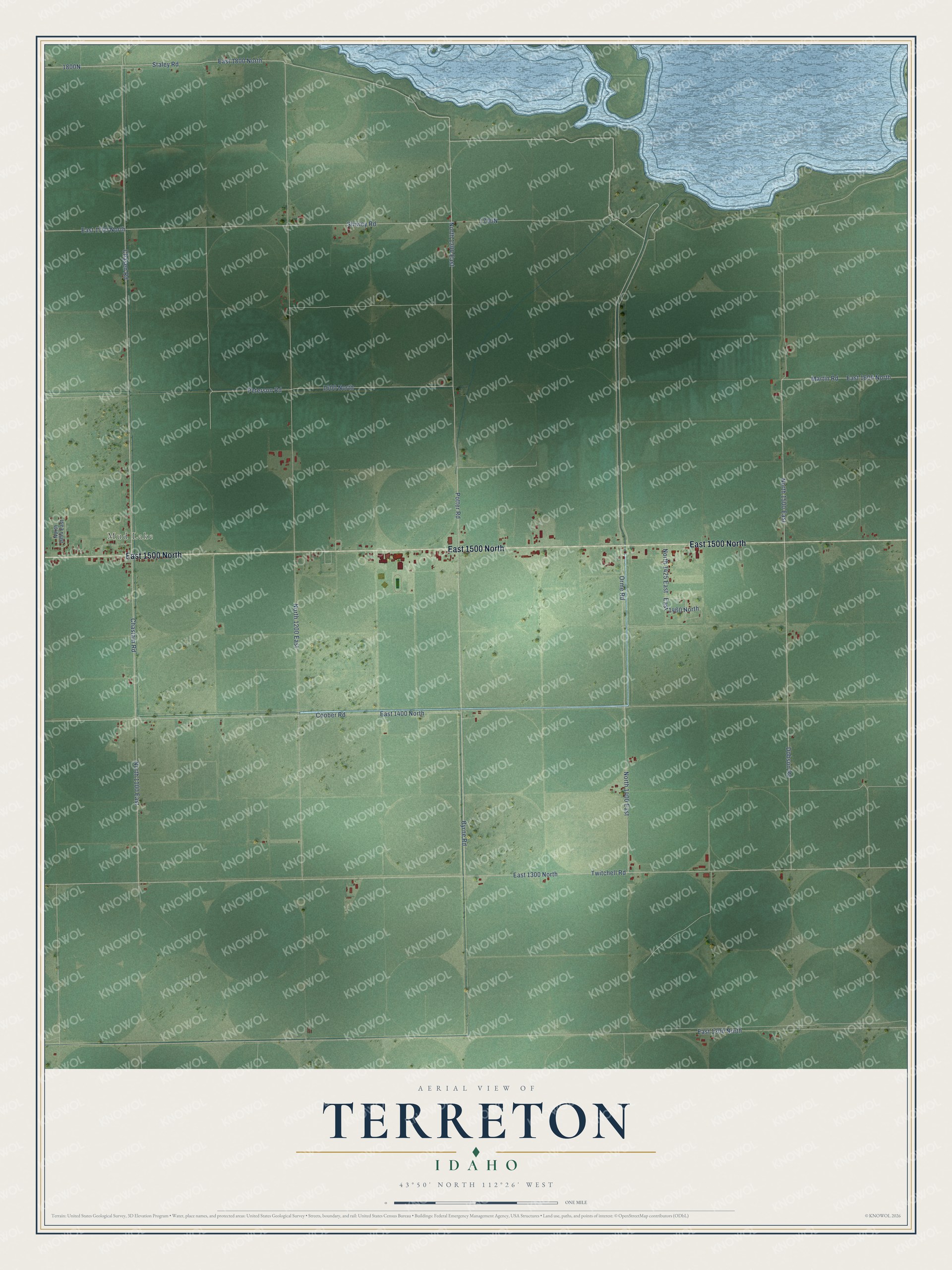 Full map of Terreton, Idaho, with red buildings, printed street names and the land around them