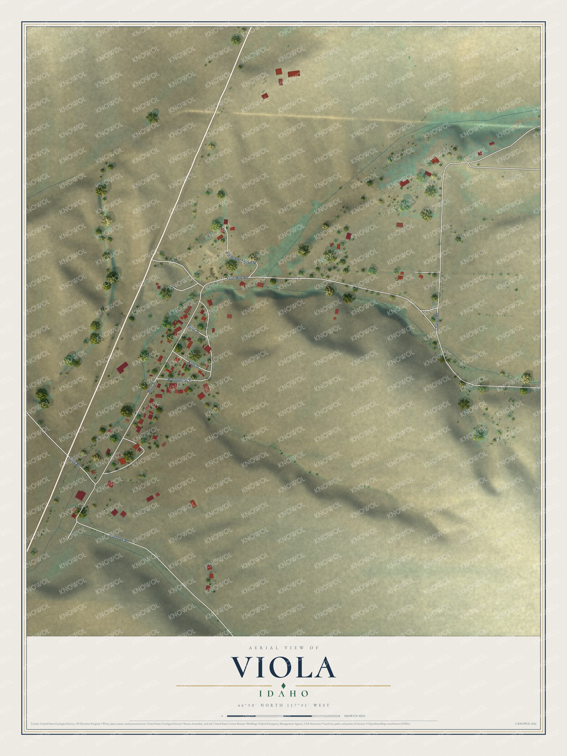 Full map of Viola, Idaho, with red buildings, printed street names and the land around them