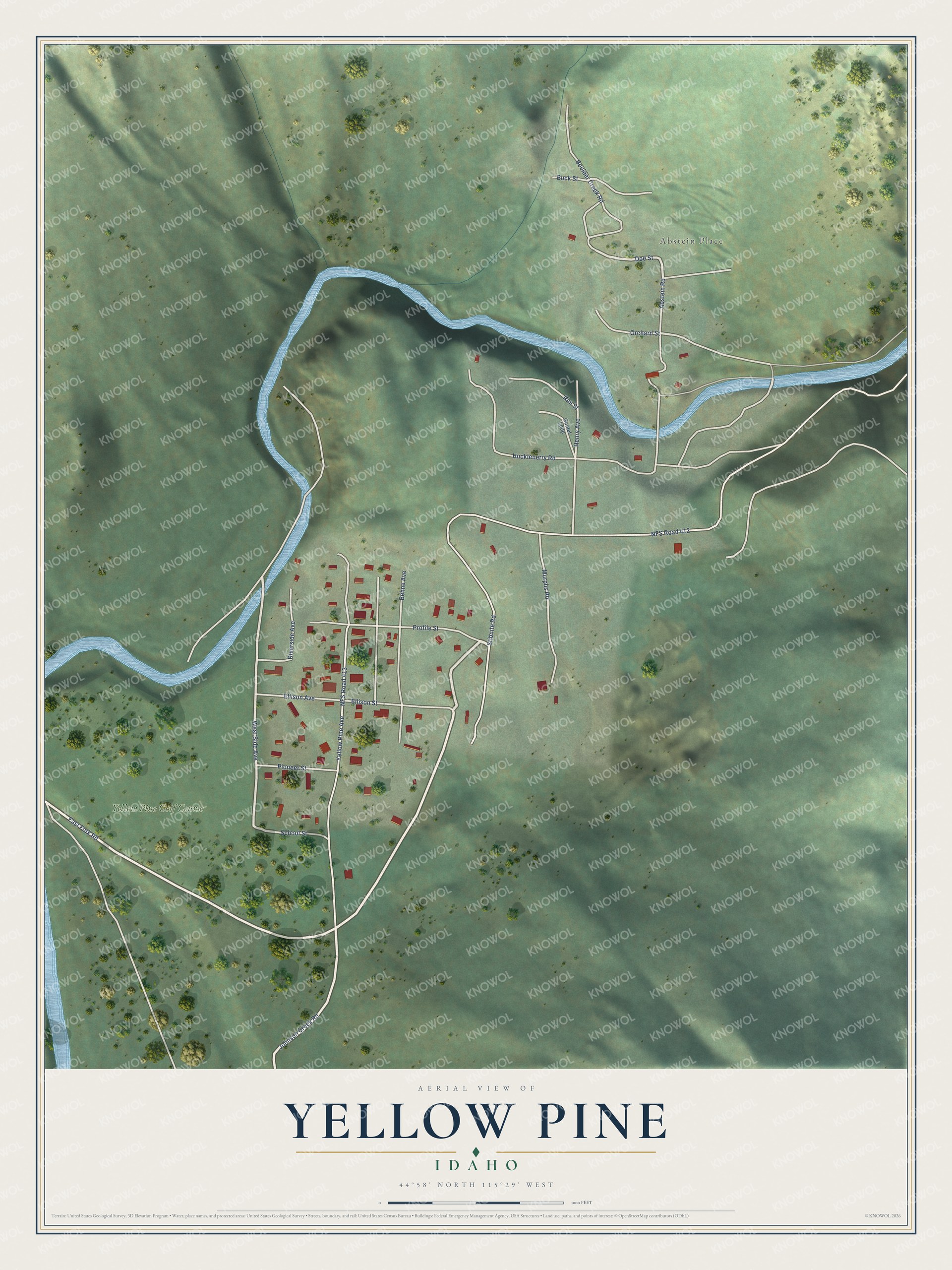 Full map of Yellow Pine, Idaho, with red buildings, printed street names and the land around them