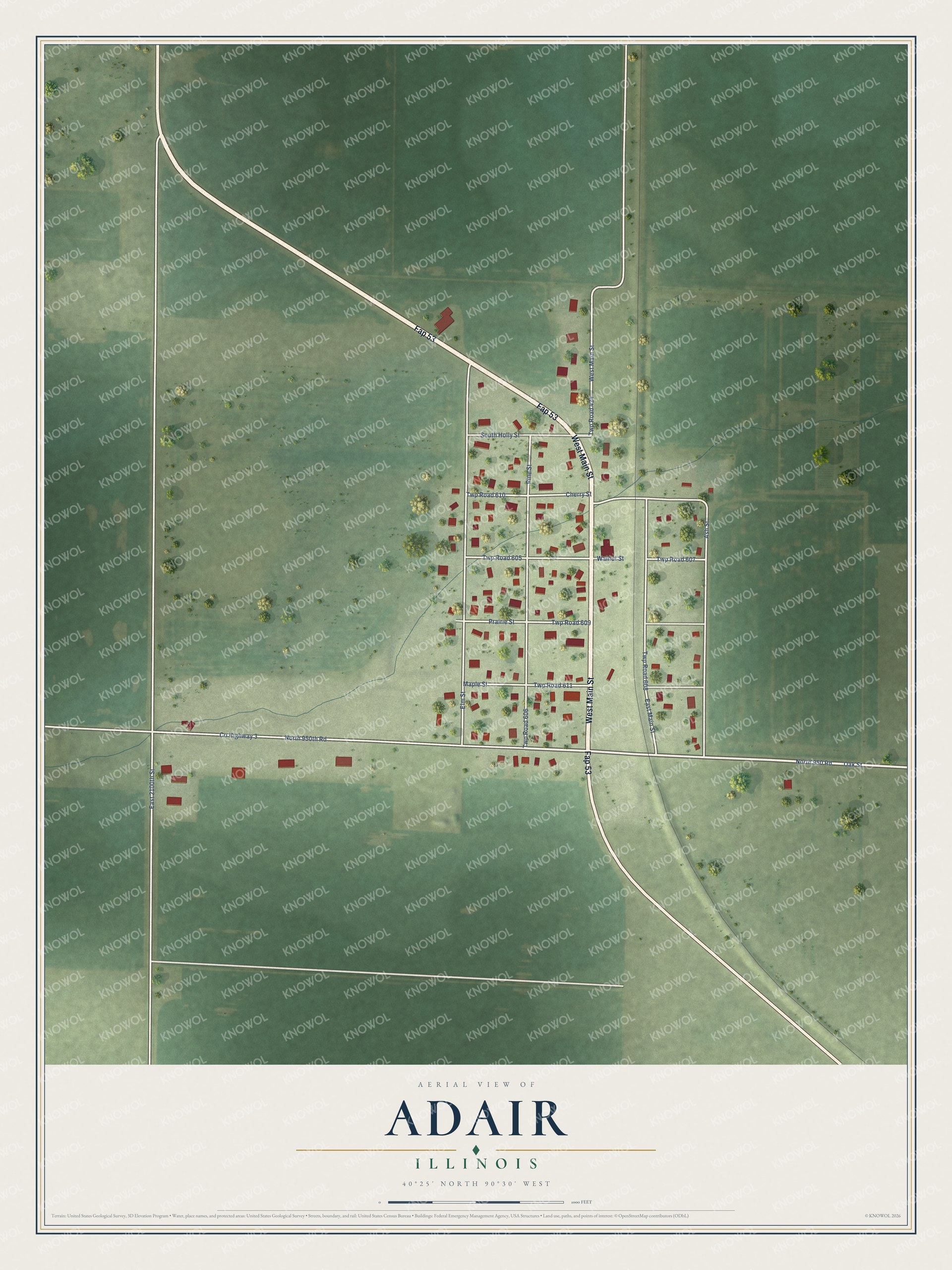 Full map of Adair, Illinois, with red buildings, printed street names and the land around them