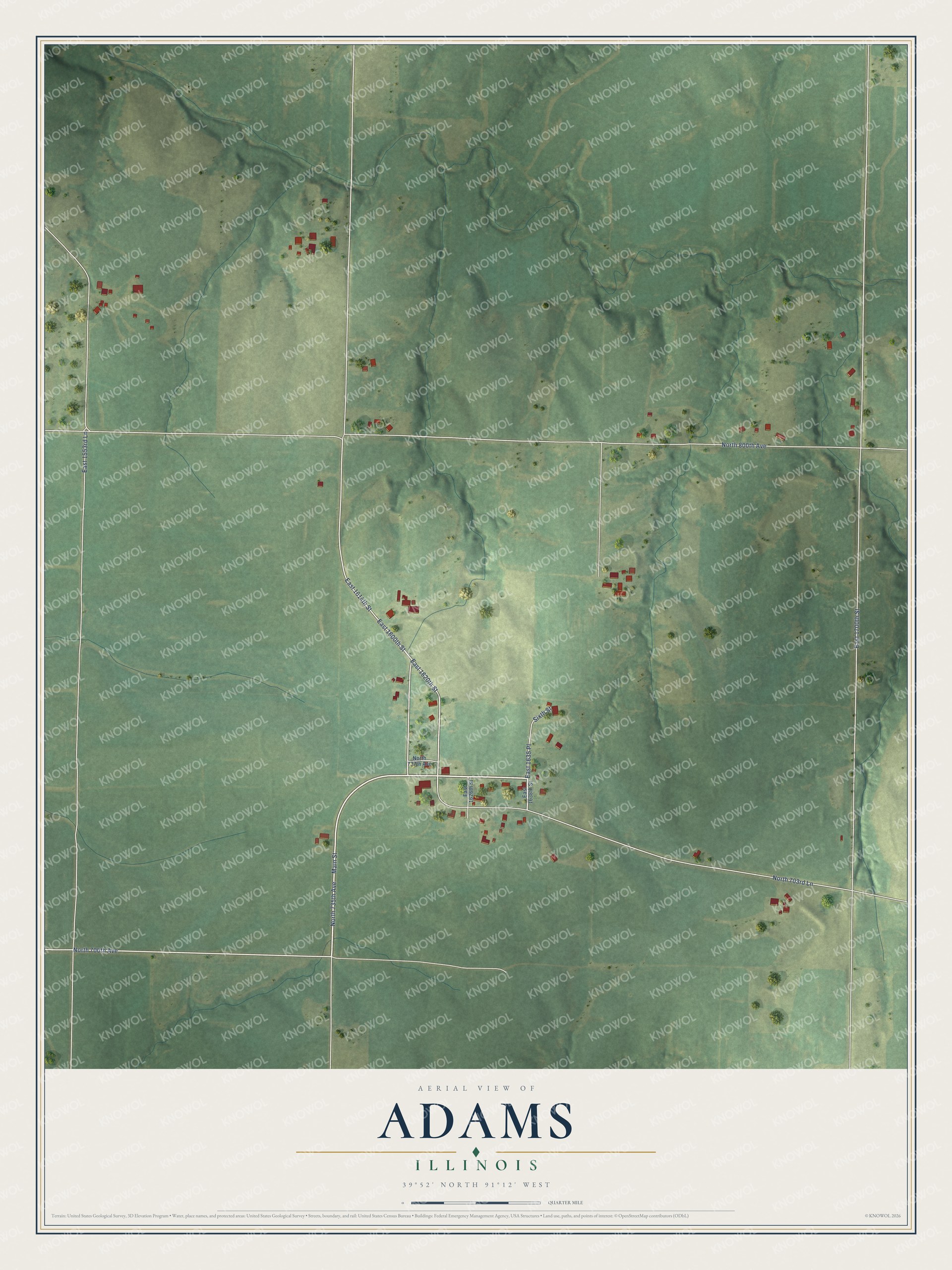 Full map of Adams, Illinois, with red buildings, printed street names and the land around them