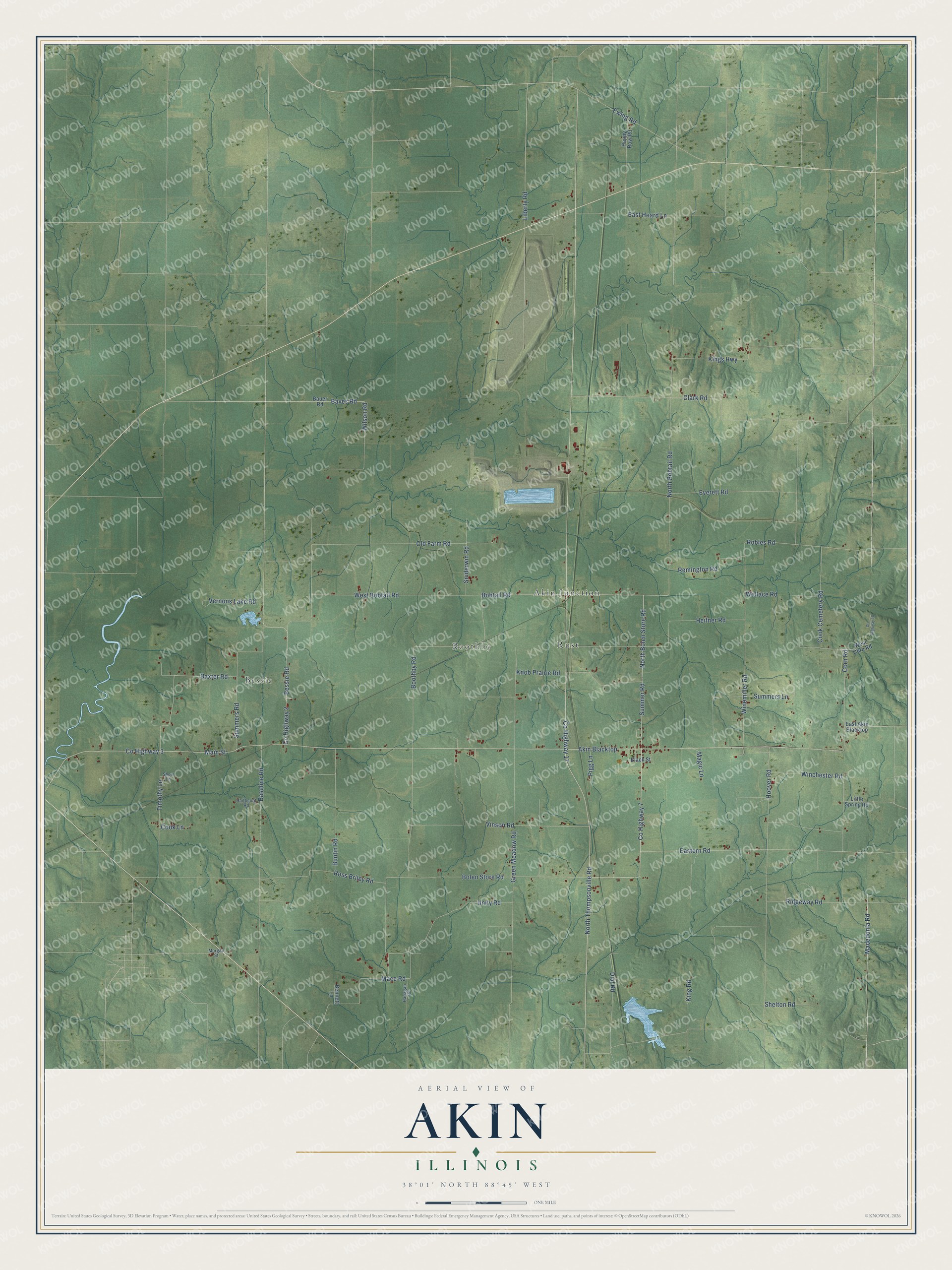 Full map of Akin, Illinois, with red buildings, printed street names and the land around them