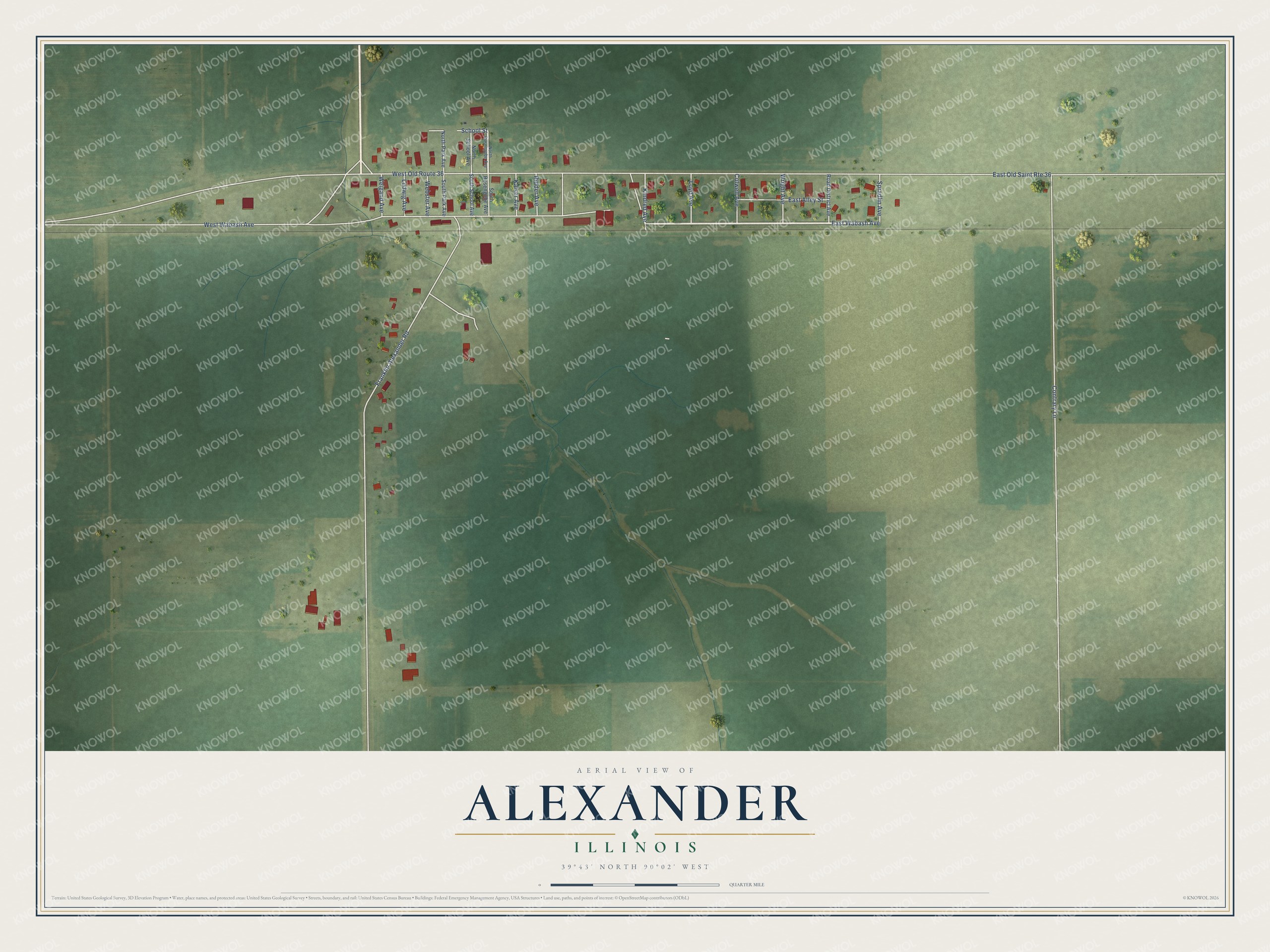Full map of Alexander, Illinois, with red buildings, printed street names and the land around them