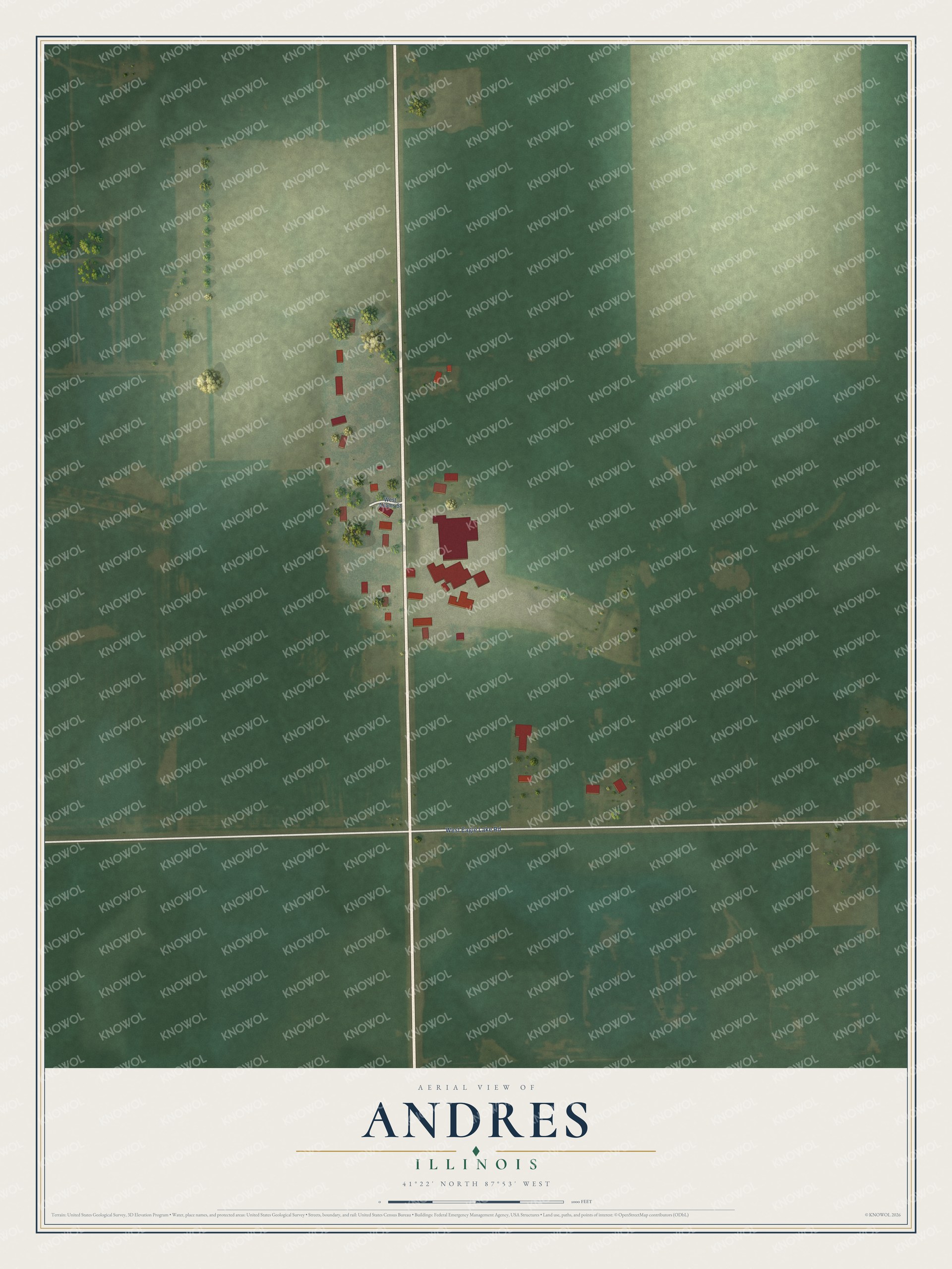Full map of Andres, Illinois, with red buildings, printed street names and the land around them