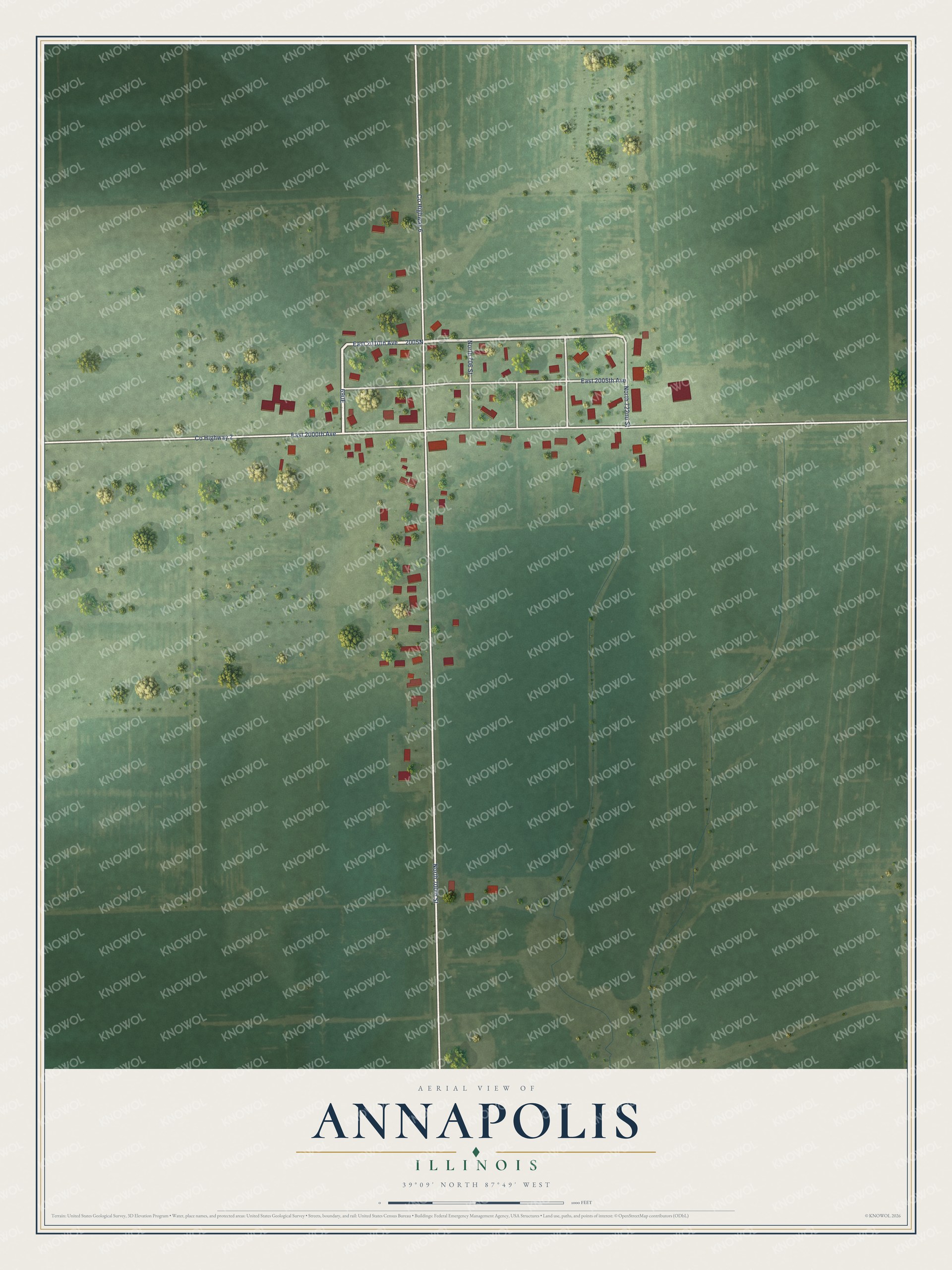 Full map of Annapolis, Illinois, with red buildings, printed street names and the land around them