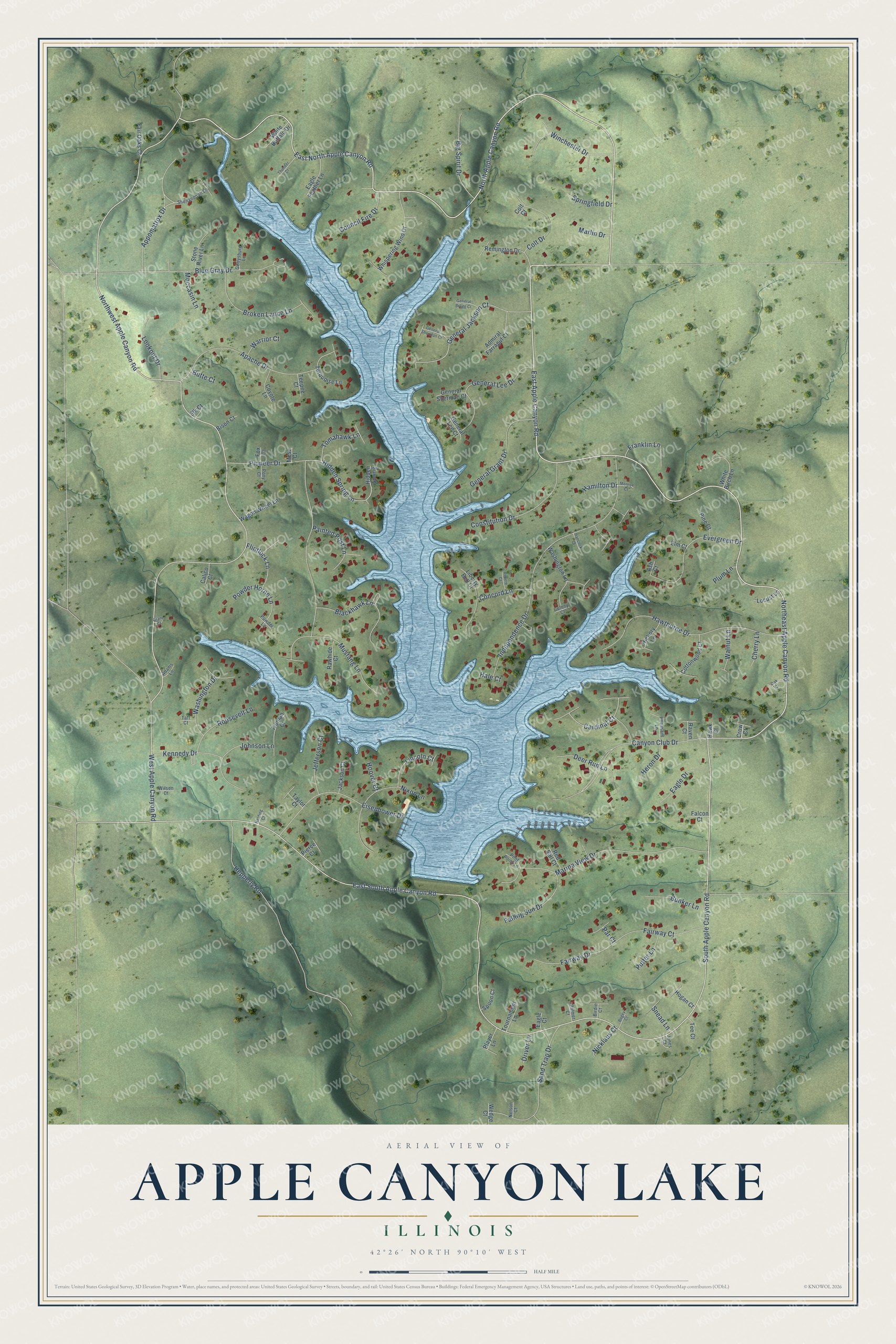 Full map of Apple Canyon Lake, Illinois, with red buildings, printed street names and the land around them
