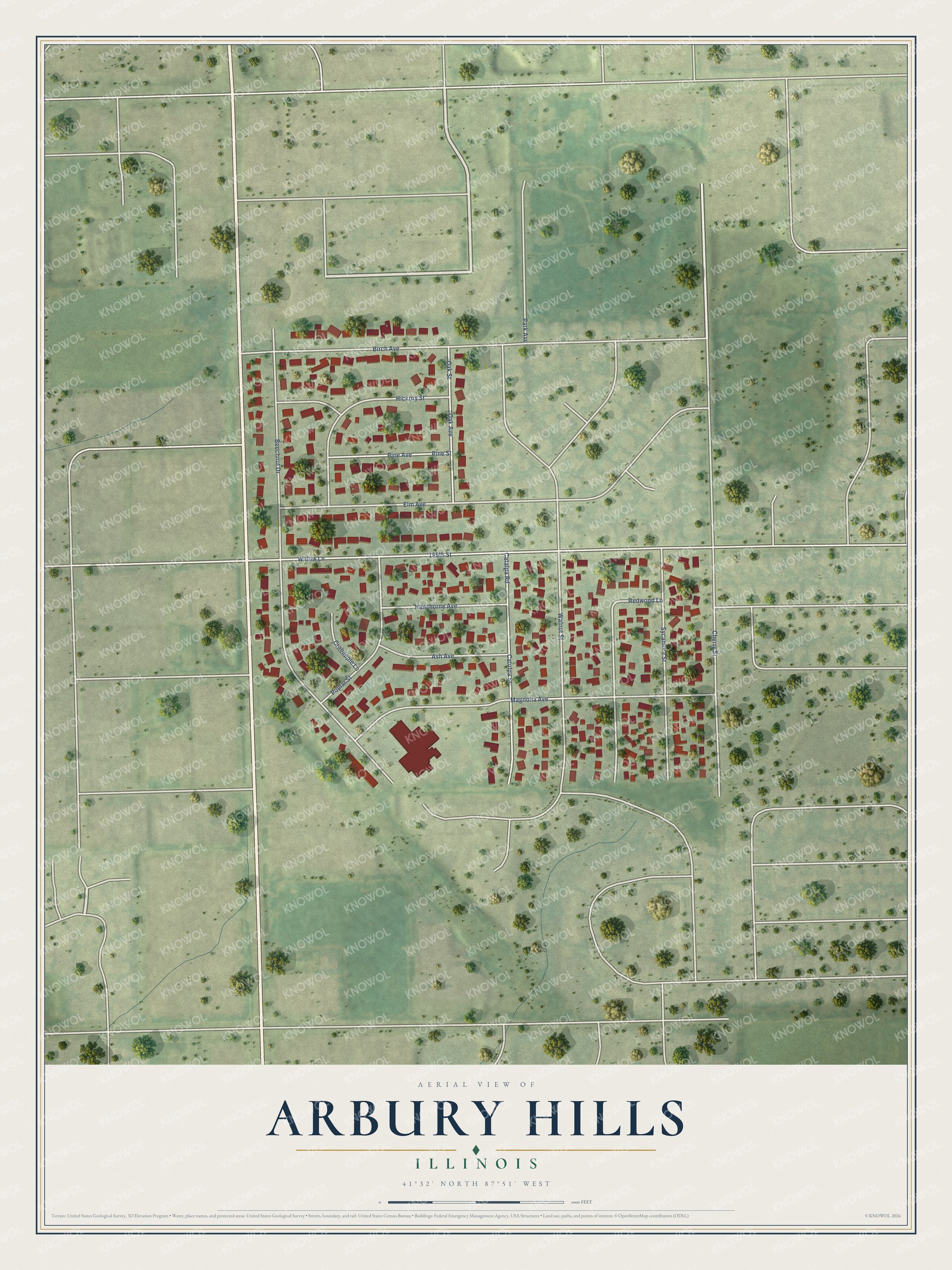 Watermarked full-map preview of Arbury Hills, Illinois