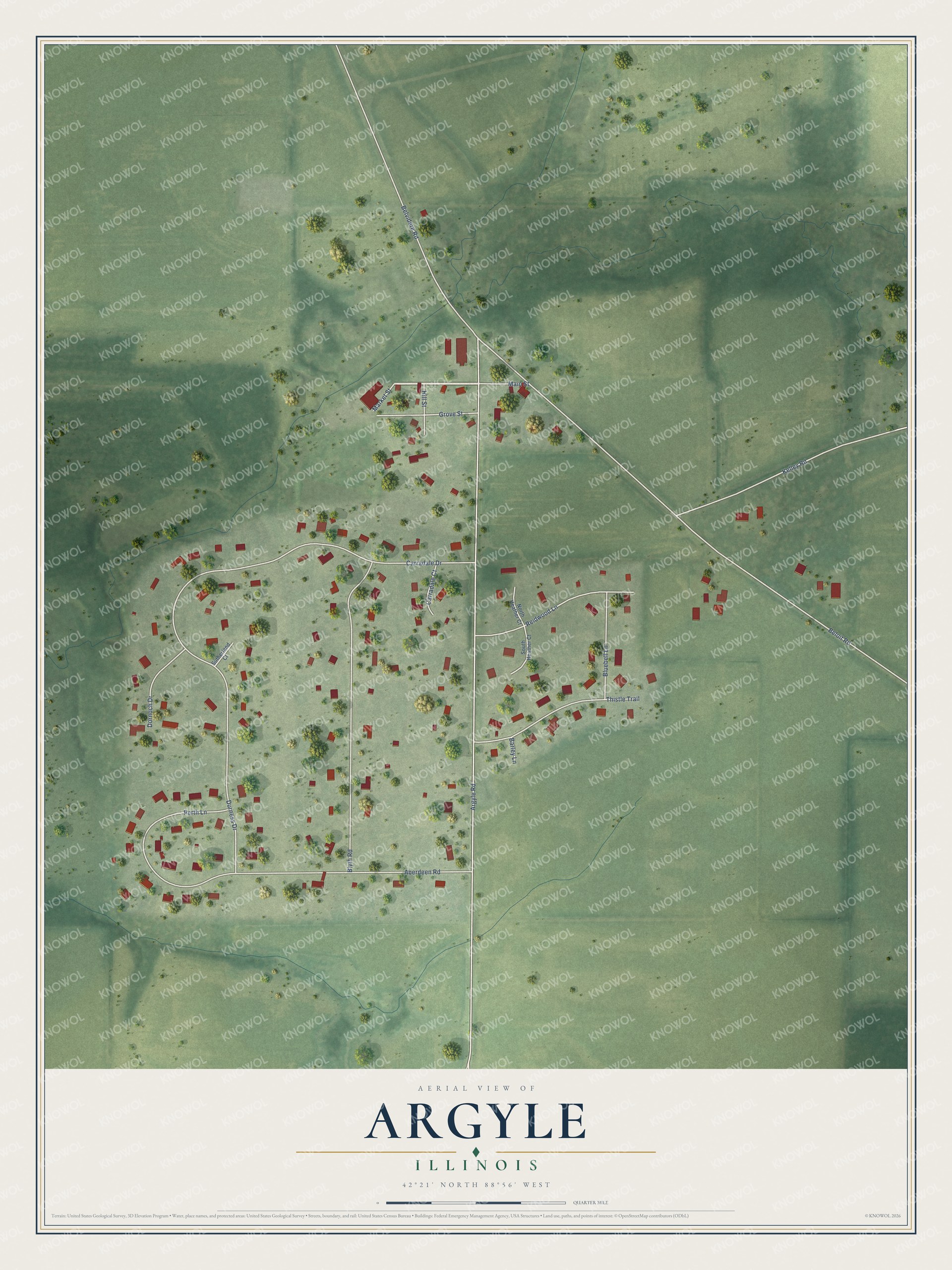 Full map of Argyle, Illinois, with red buildings, printed street names and the land around them