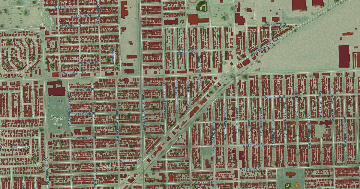 Close-up of streets and buildings in Ashburn, Illinois